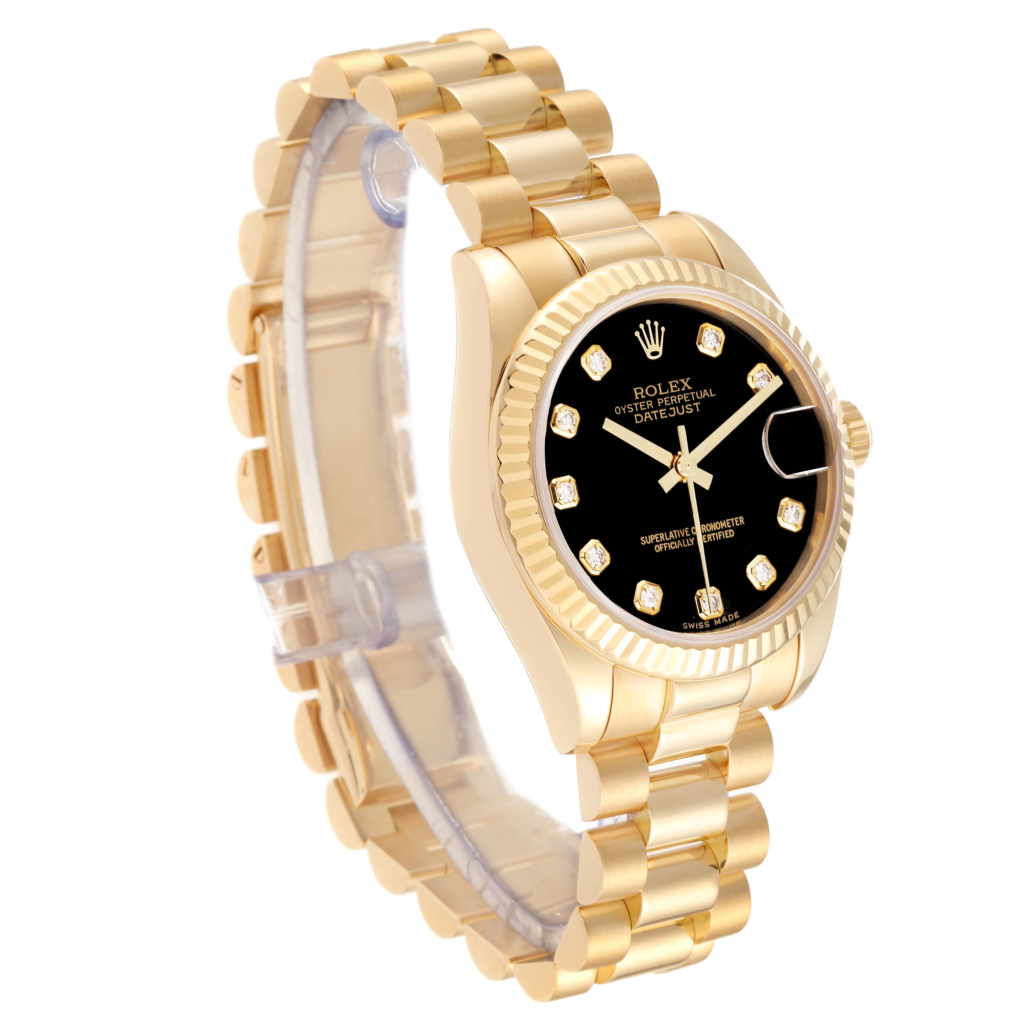 The image shows a side angle of the Rolex President 178278 Women
s Yellow Gold Black Dial 178278 Women
s Yellow Gold Black Dial model watch, highlighting the gold band, black dial, and bezel.
