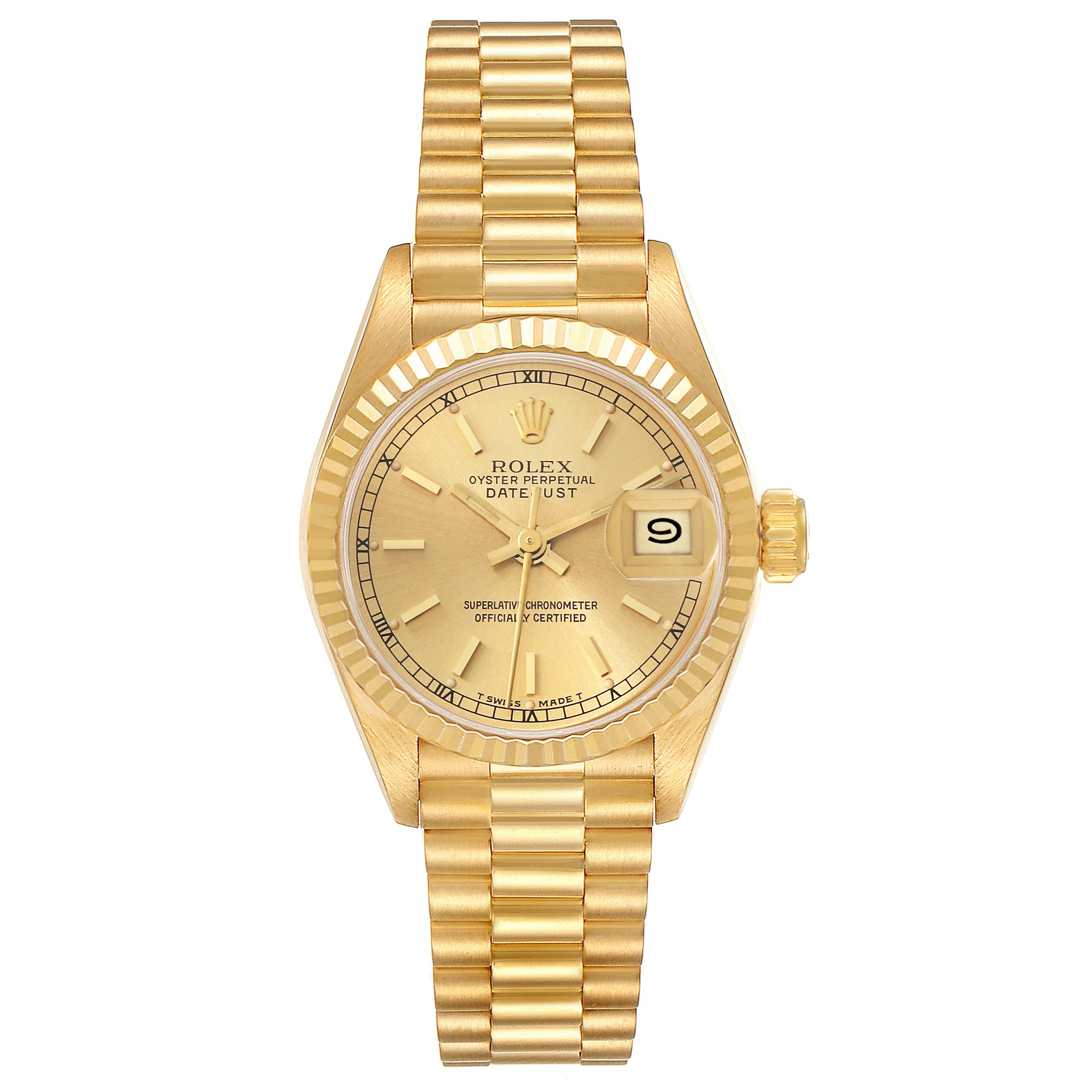 The image shows a front view of a Rolex President 69178 Women's Yellow Gold Champagne Dial 69178 Women's Yellow Gold Champagne Dial watch, displaying its dial, date window, and gold bracelet.