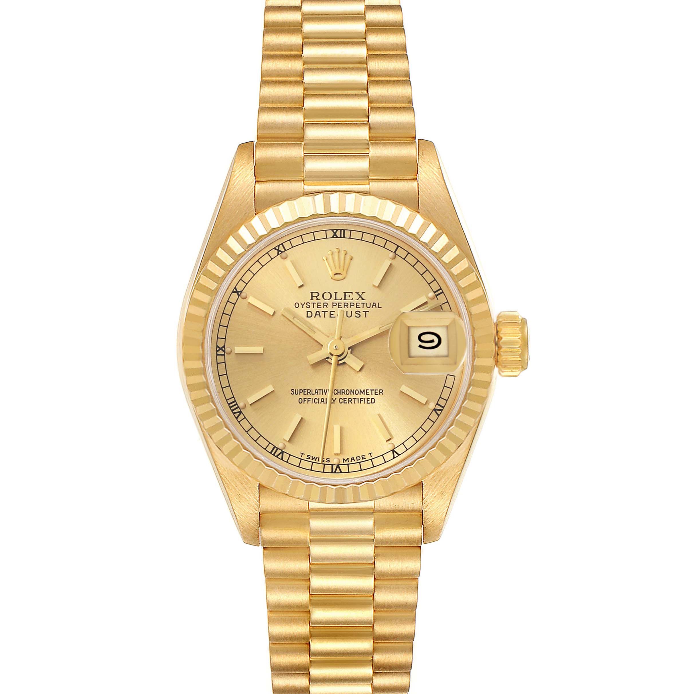 This image shows a front view of a Rolex President 69178 Women's Yellow Gold Champagne Dial 69178 Women's Yellow Gold Champagne Dial model watch, displaying the dial, bezel, and bracelet.