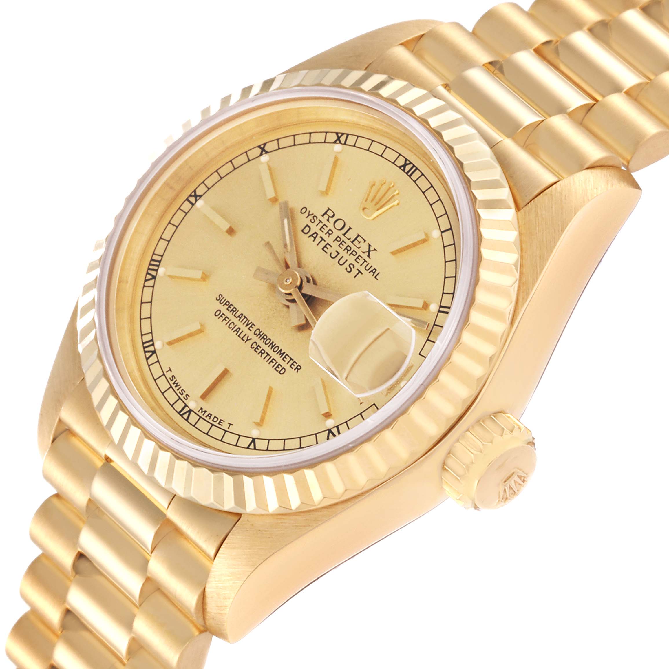 The image shows a Rolex President 69178 Women's Yellow Gold Champagne Dial 69178 Women's Yellow Gold Champagne Dial model watch at an angle highlighting its dial, bezel, crown, and bracelet.
