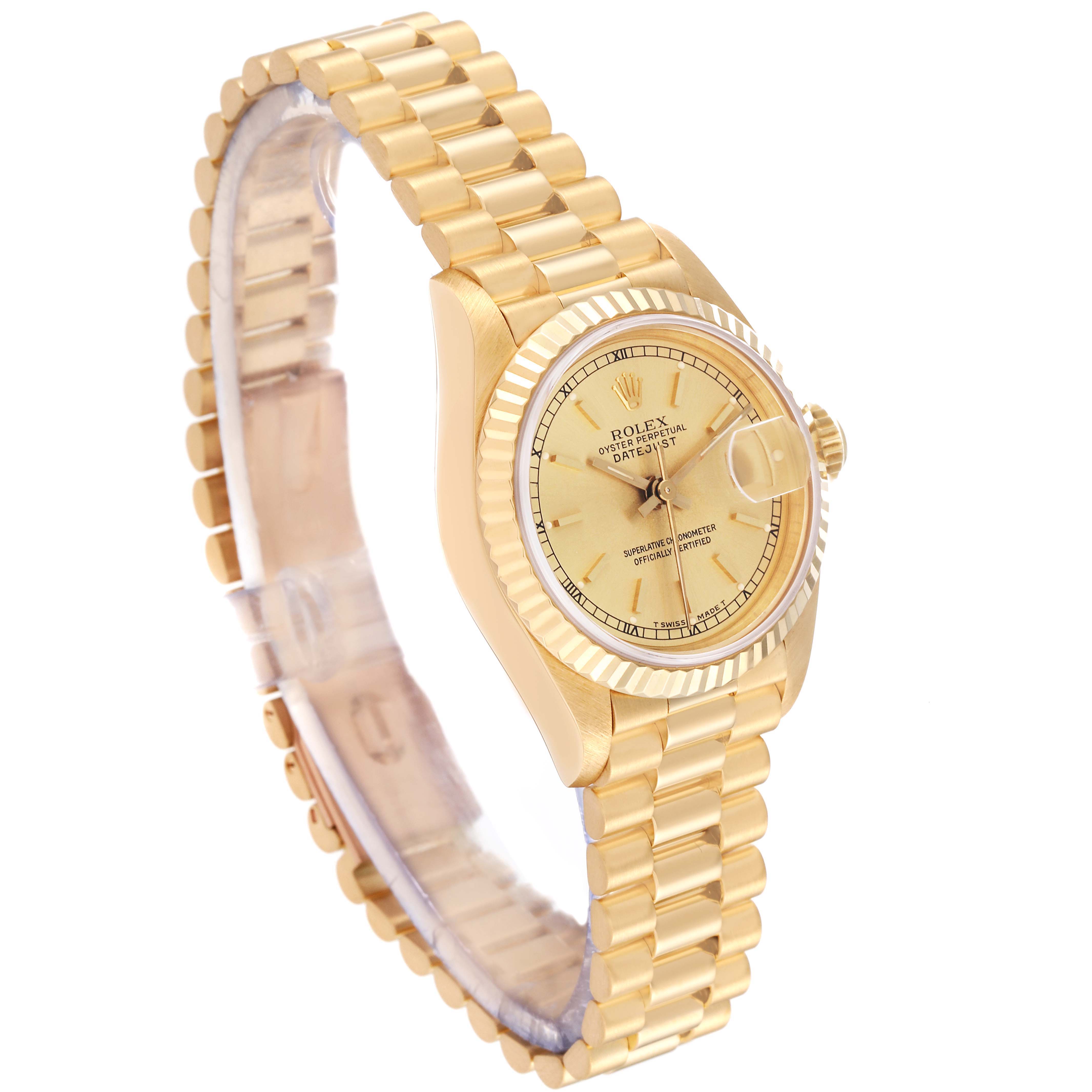 The image shows a side angle of a Rolex President 69178 Women's Yellow Gold Champagne Dial 69178 Women's Yellow Gold Champagne Dial model watch, highlighting its golden bracelet and dial.