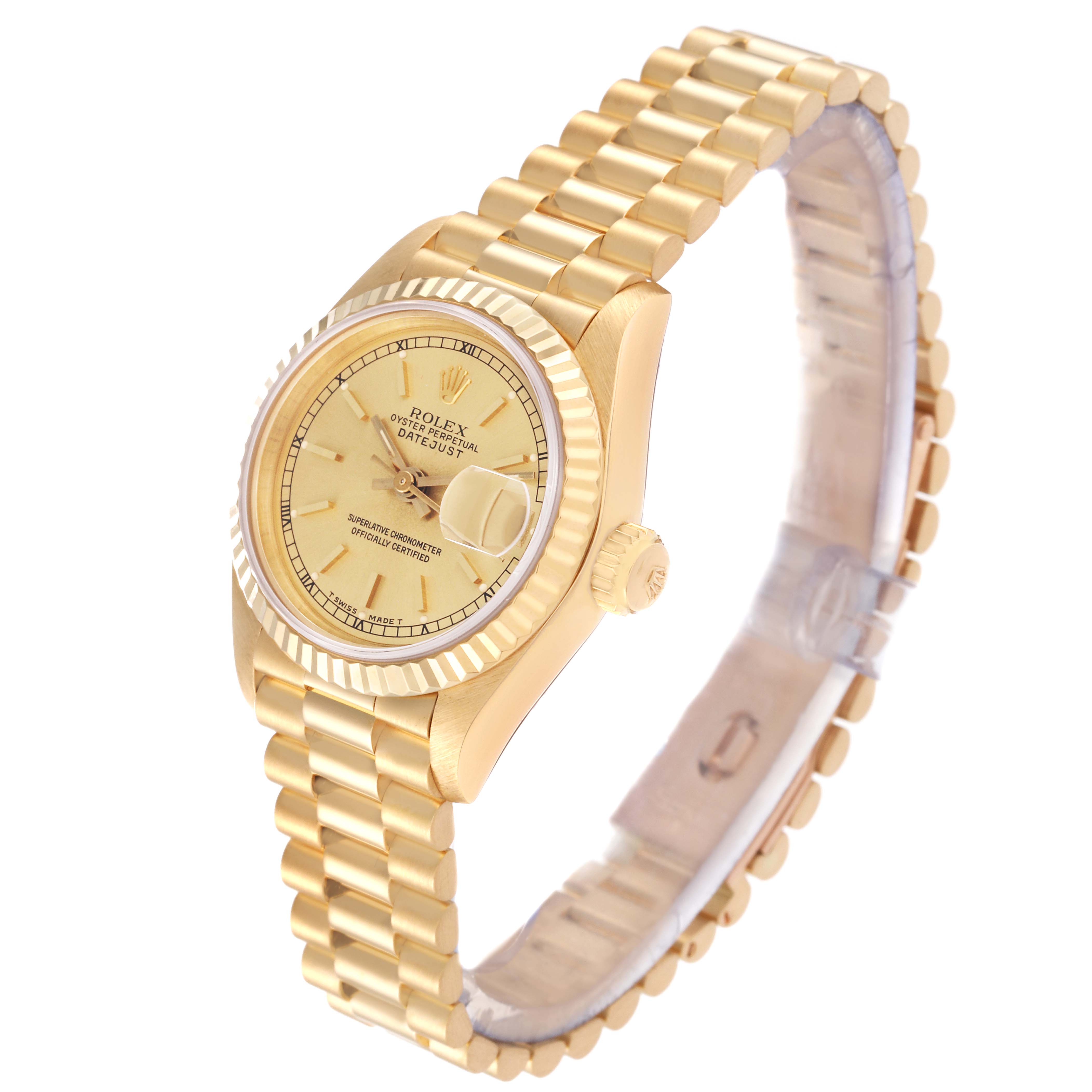 The Rolex President 69178 Women's Yellow Gold Champagne Dial 69178 Women's Yellow Gold Champagne Dial model watch is shown at an angled view, displaying the face, bezel, bracelet, and crown.