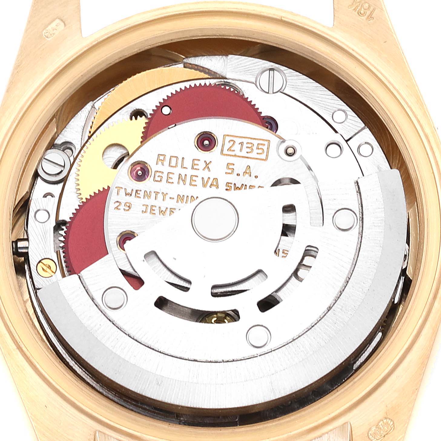 The image shows a close-up, top-down view of the movement mechanism of a Rolex President 69178 Women's Yellow Gold Champagne Dial 69178 Women's Yellow Gold Champagne Dial model watch.
