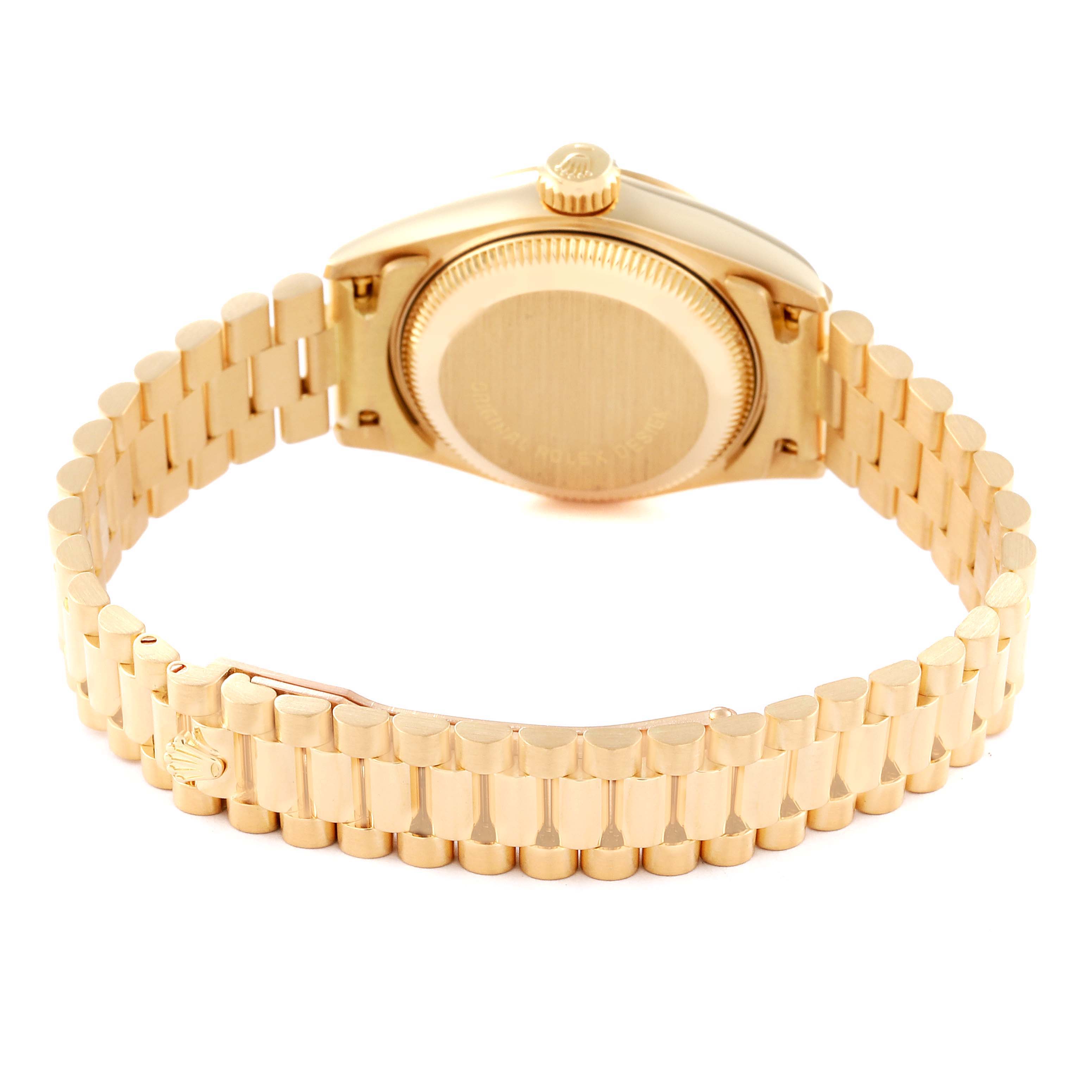 The image shows the back view of a Rolex President 69178 Women's Yellow Gold Champagne Dial 69178 Women's Yellow Gold Champagne Dial model watch, featuring the case back and the gold bracelet.