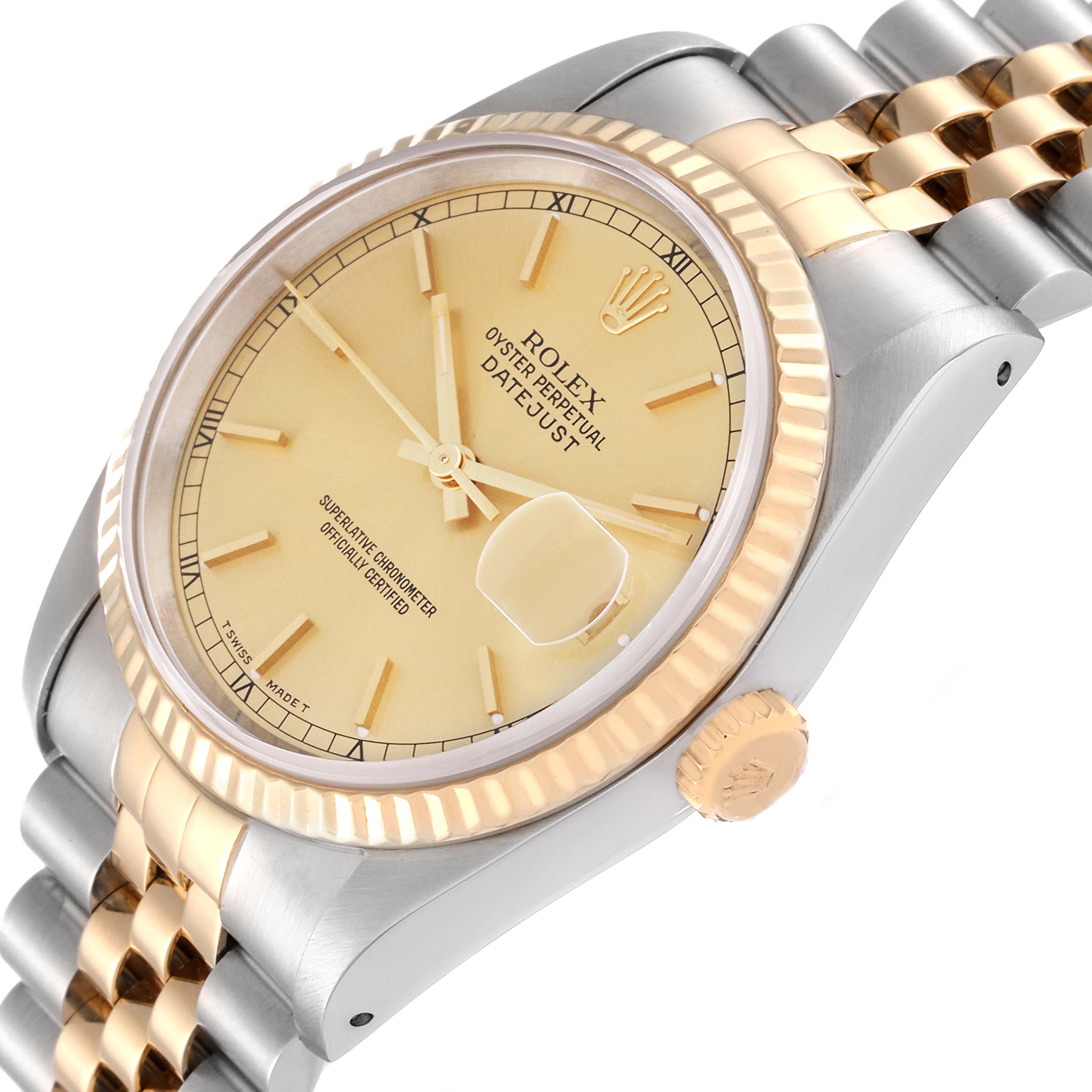 This image shows a side angle of a Rolex Datejust 16233 Men's Steel and Gold (two tone) Champagne Dial 16233 Men's Steel and Gold (two tone) Champagne Dial watch, displaying the case, bezel, dial, and part of the bracelet.