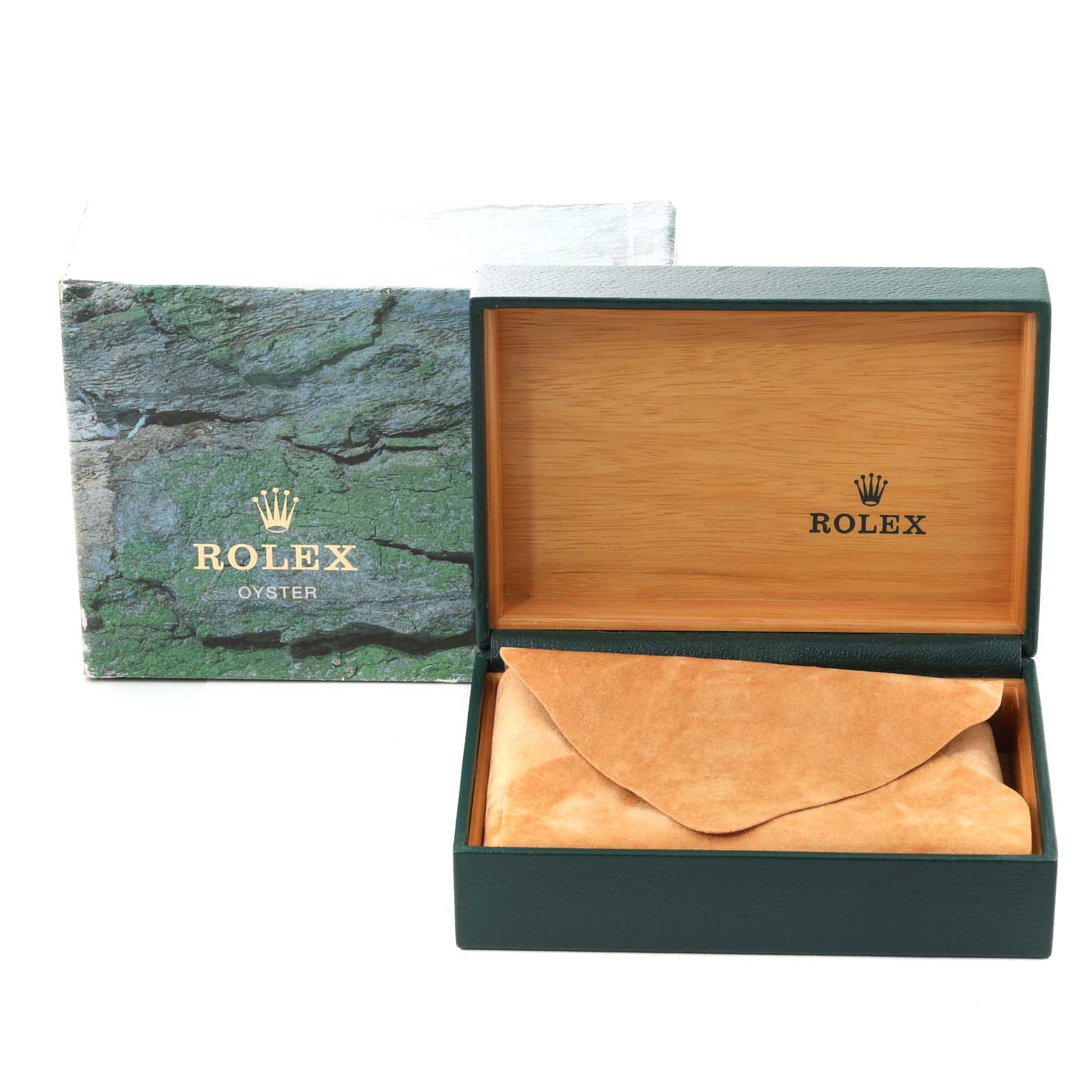 The image shows the box and packaging of a Rolex Datejust 16233 Men's Steel and Gold (two tone) Champagne Dial 16233 Men's Steel and Gold (two tone) Champagne Dial watch, with the box open and a cloth inside.
