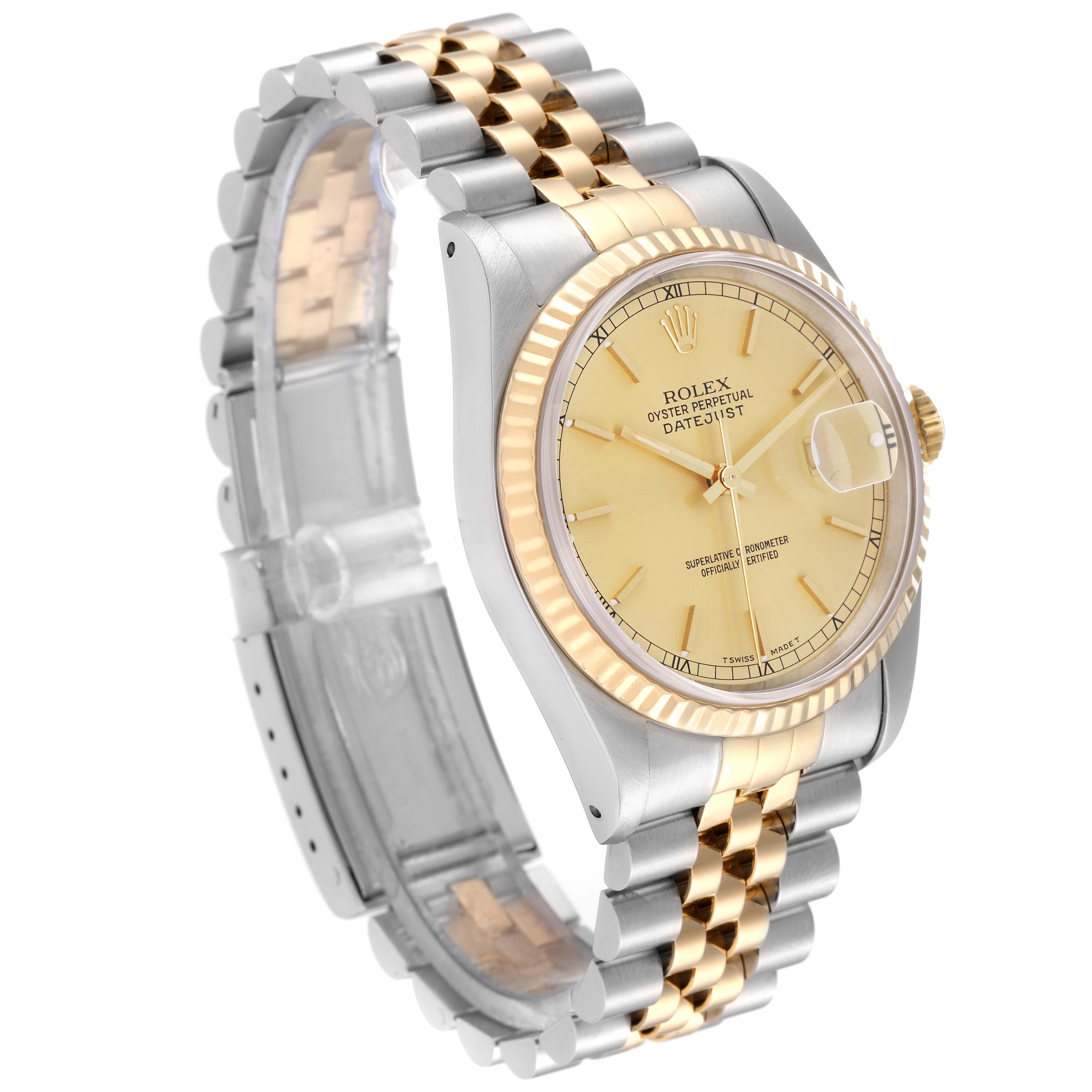 The image shows a side view of a Rolex Datejust 16233 Men's Steel and Gold (two tone) Champagne Dial 16233 Men's Steel and Gold (two tone) Champagne Dial watch, highlighting the dial, bezel, and two-tone bracelet.
