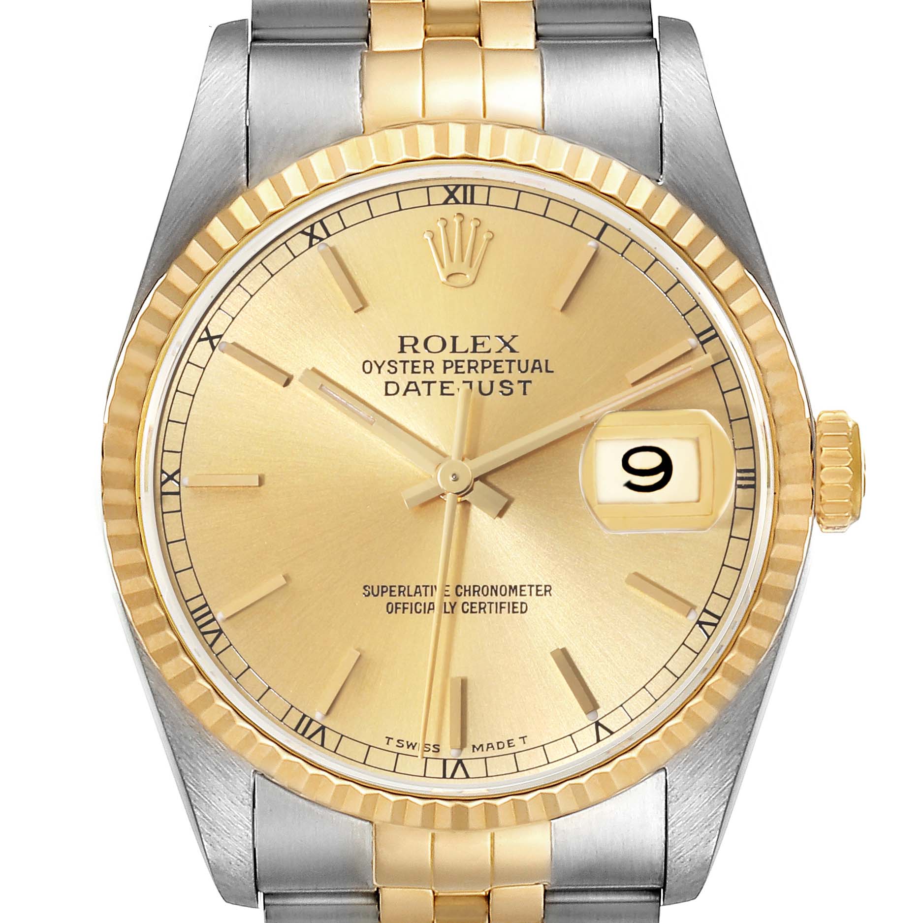 The image shows a Rolex Datejust 16233 Men's Steel and Gold (two tone) Champagne Dial 16233 Men's Steel and Gold (two tone) Champagne Dial watch from a front angle, featuring a two-tone bracelet, gold bezel, and date display at 3 o'clock.