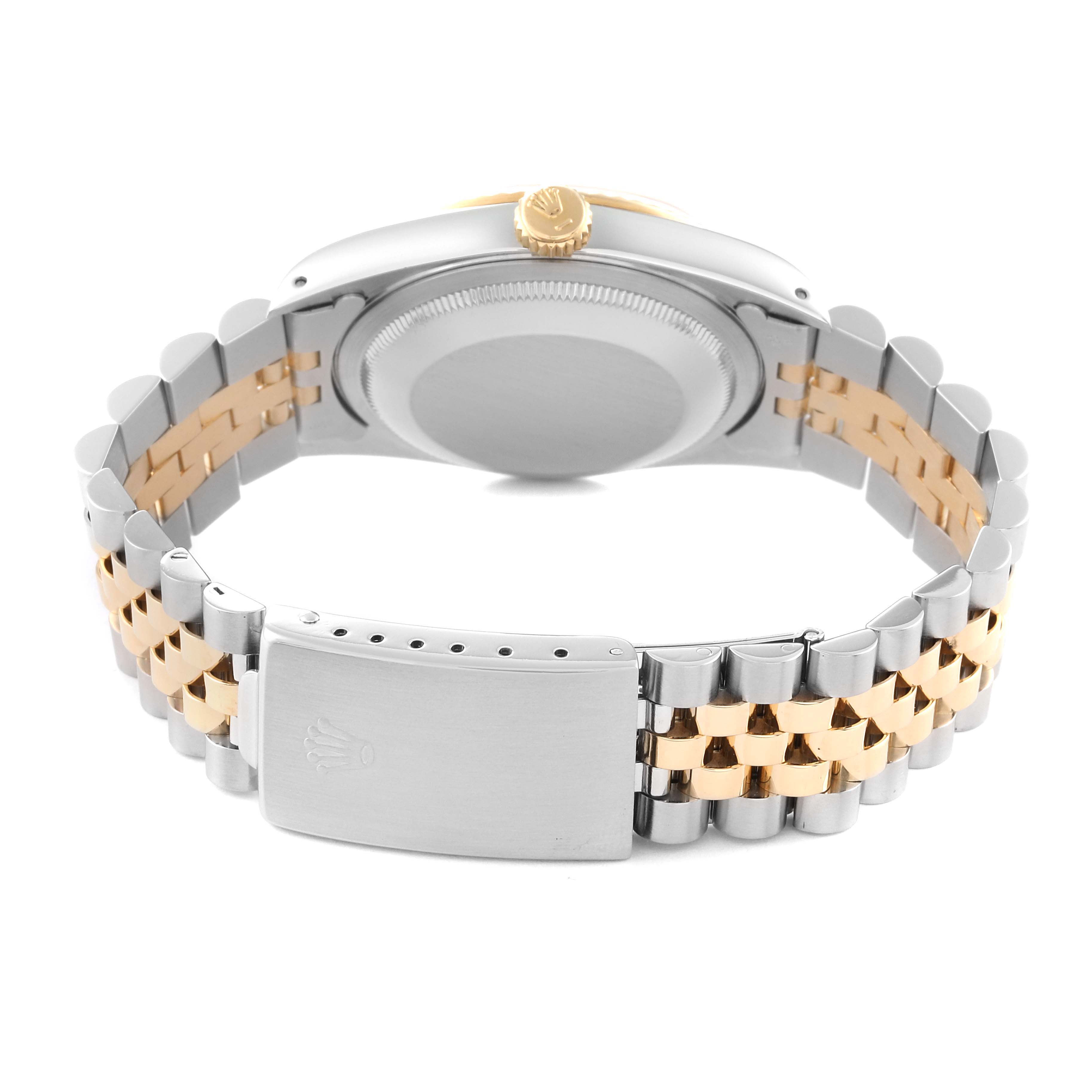 The image shows the back view of a Rolex Datejust 16233 Men's Steel and Gold (two tone) Champagne Dial 16233 Men's Steel and Gold (two tone) Champagne Dial watch, highlighting its two-tone Jubilee bracelet and closed clasp.