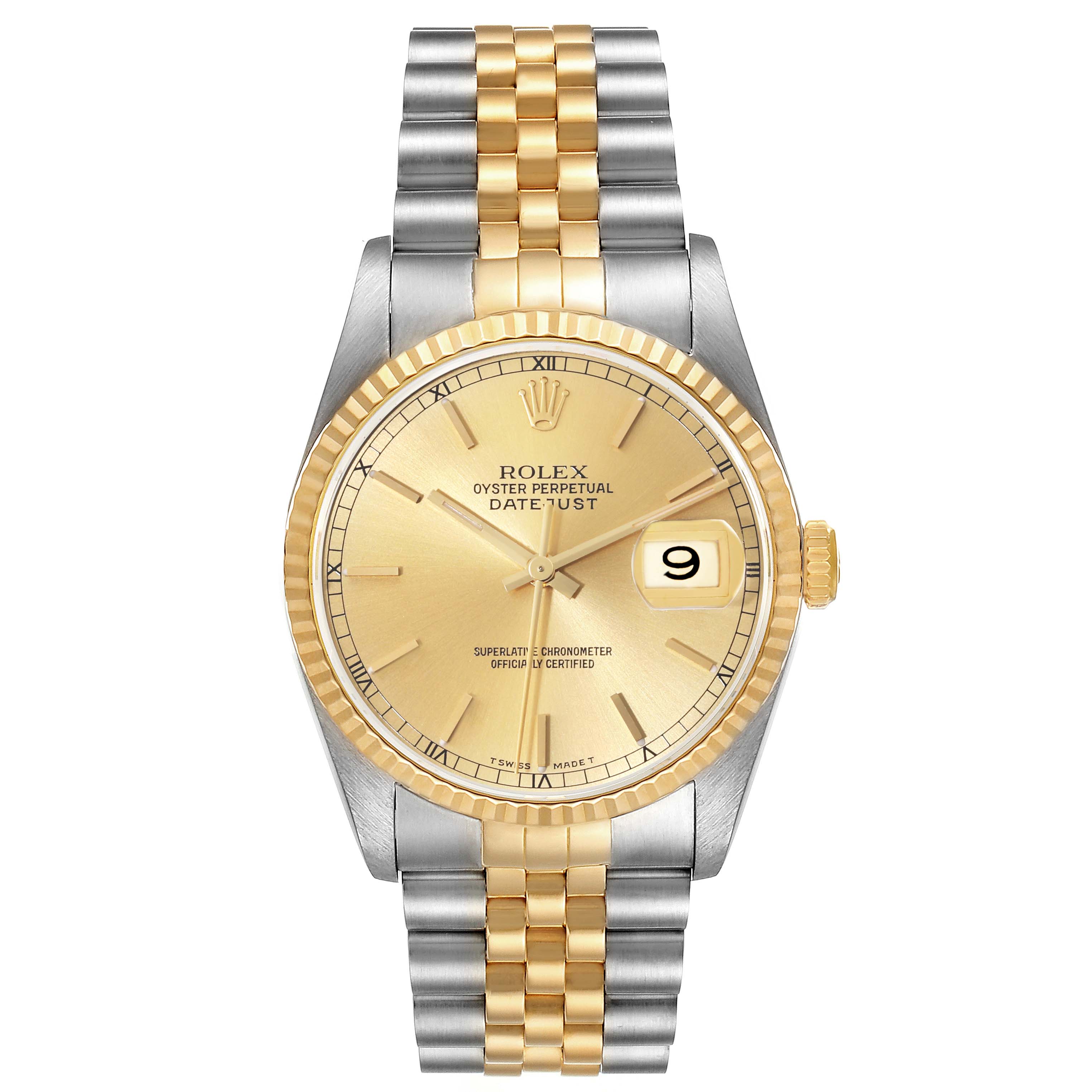 This image shows a front view of the Rolex Datejust 16233 Men's Steel and Gold (two tone) Champagne Dial 16233 Men's Steel and Gold (two tone) Champagne Dial watch, featuring a bi-metal bracelet, gold bezel, and date window.