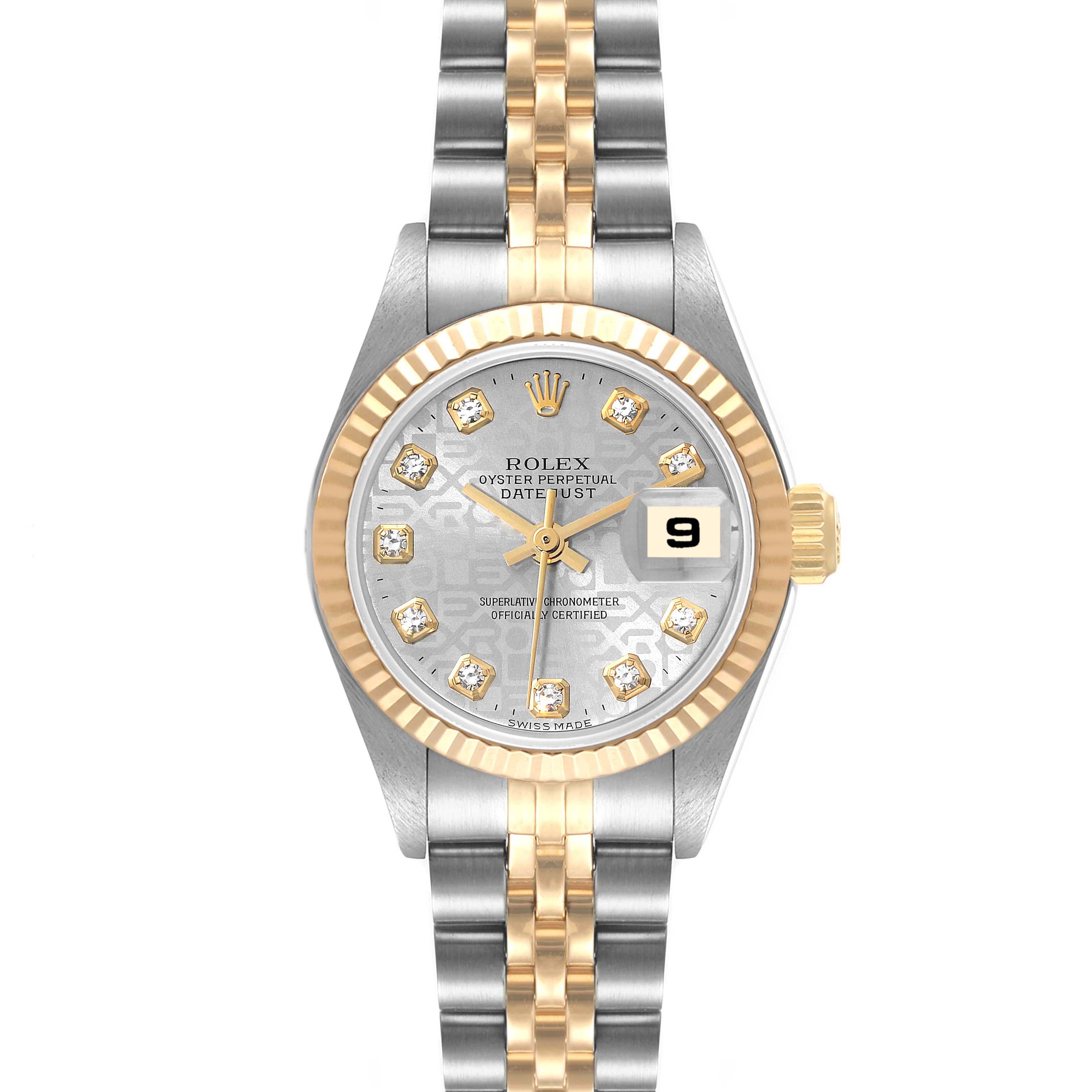 The Rolex Datejust 79173 Women's Steel and Gold (two tone) Silver Dial 79173 Women's Steel and Gold (two tone) Silver Dial watch is shown from a top-down angle, displaying its face, bezel, crown, and bracelet.