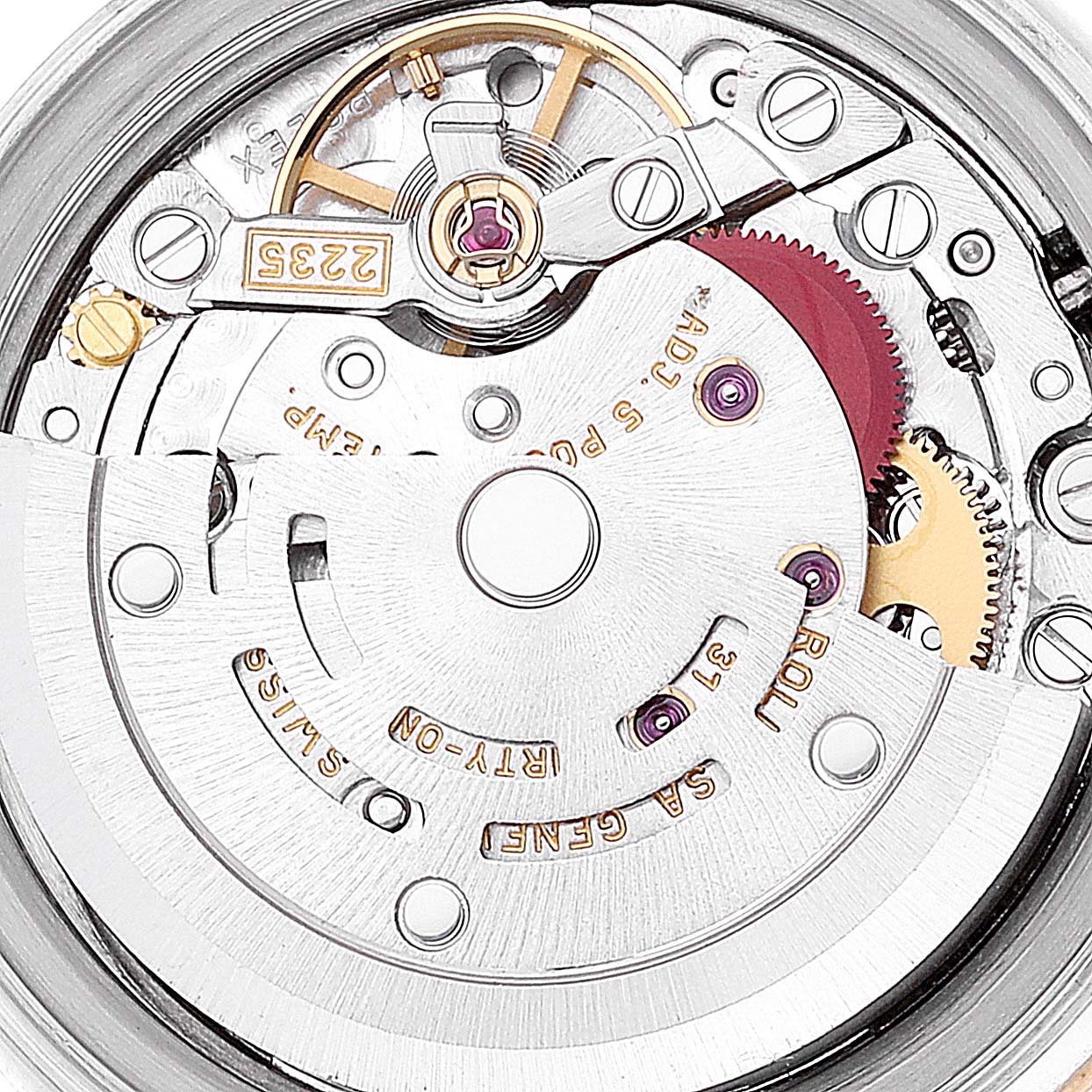 This image shows a close-up of the internal movement mechanism of a Rolex Datejust 79173 Women's Steel and Gold (two tone) Silver Dial 79173 Women's Steel and Gold (two tone) Silver Dial watch.