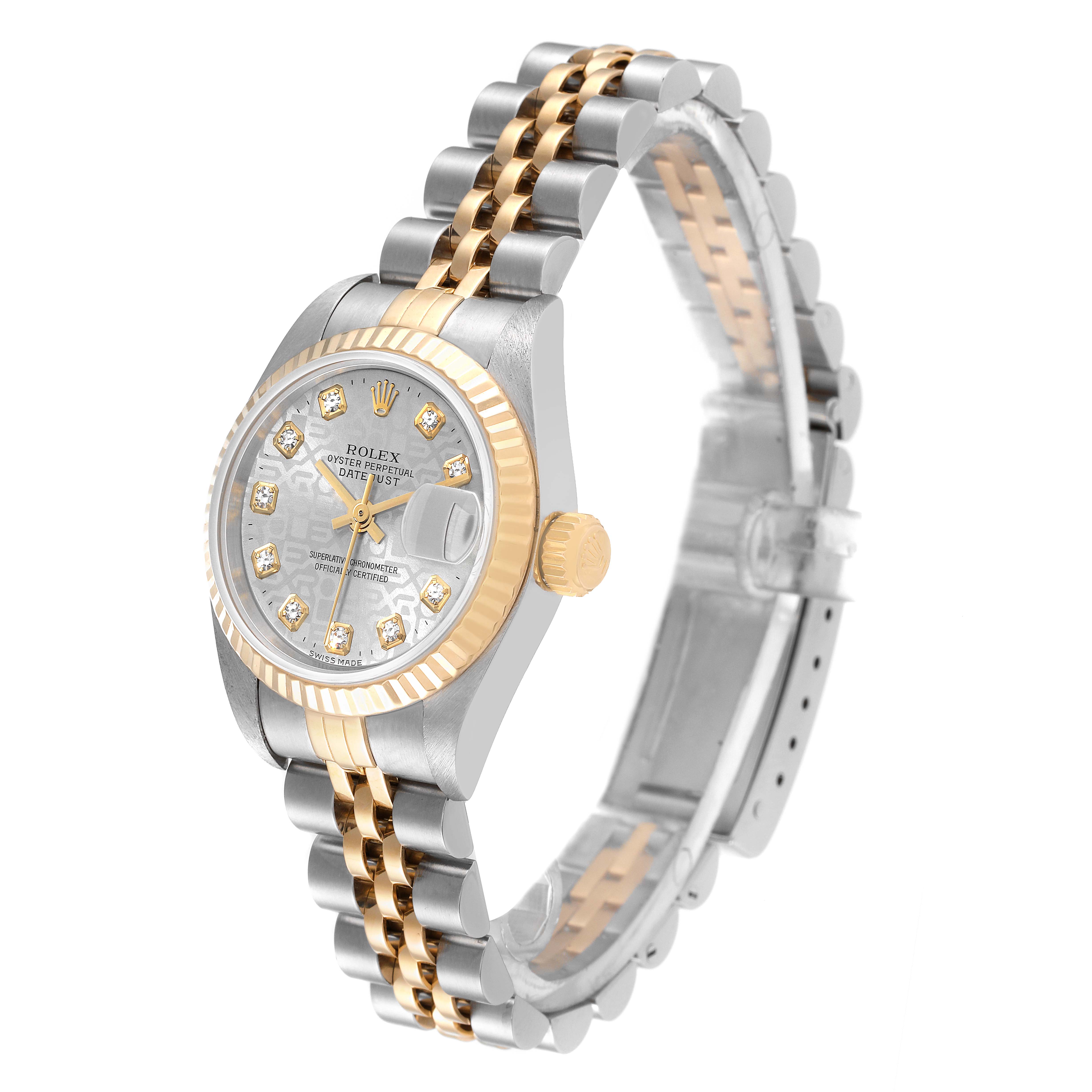 The Rolex Datejust 79173 Women's Steel and Gold (two tone) Silver Dial 79173 Women's Steel and Gold (two tone) Silver Dial watch is shown at an angled view displaying its two-tone bracelet and diamond-studded dial.