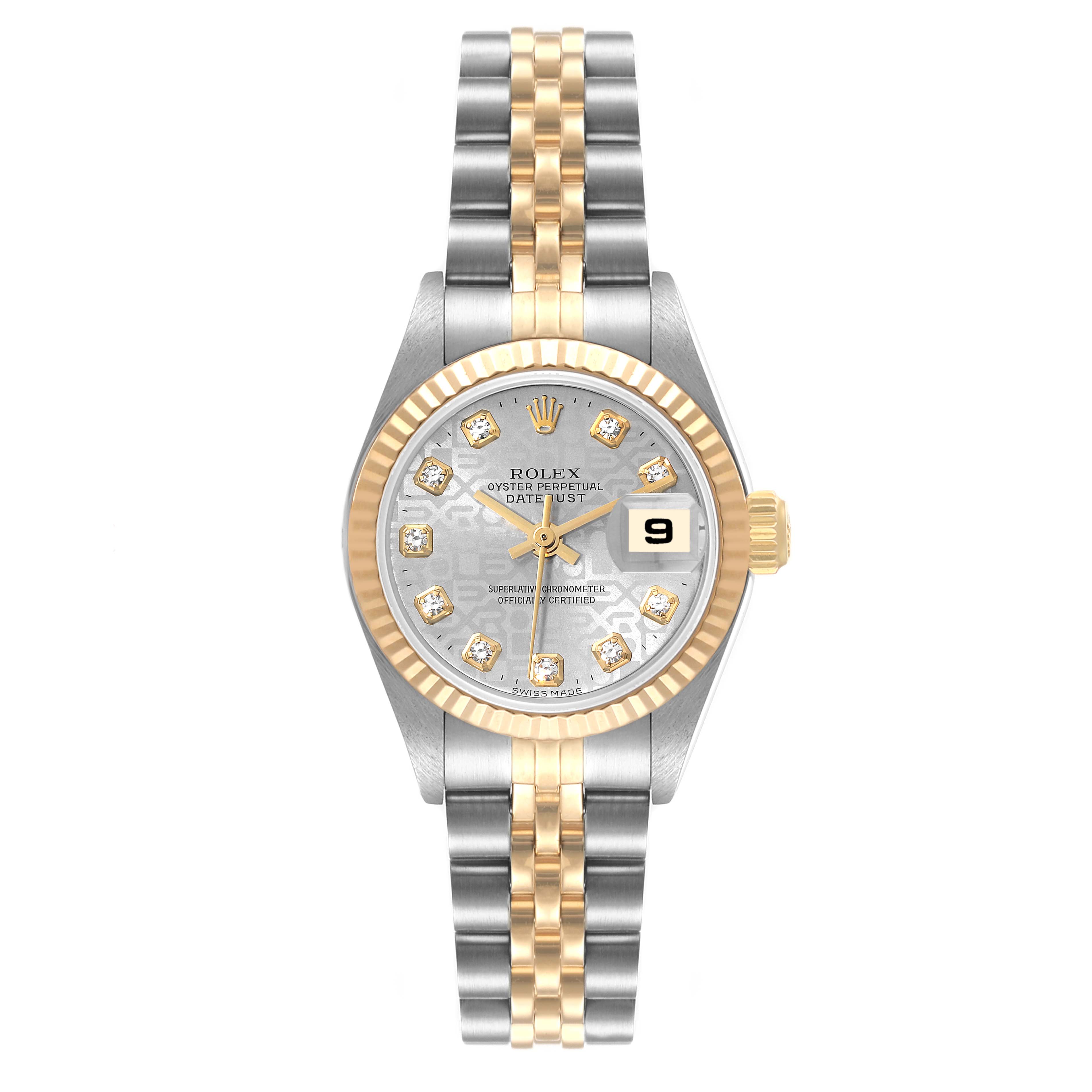 The image shows a front view of a Rolex Datejust 79173 Women's Steel and Gold (two tone) Silver Dial 79173 Women's Steel and Gold (two tone) Silver Dial watch, highlighting the bezel, dial, date window, and two-tone bracelet.