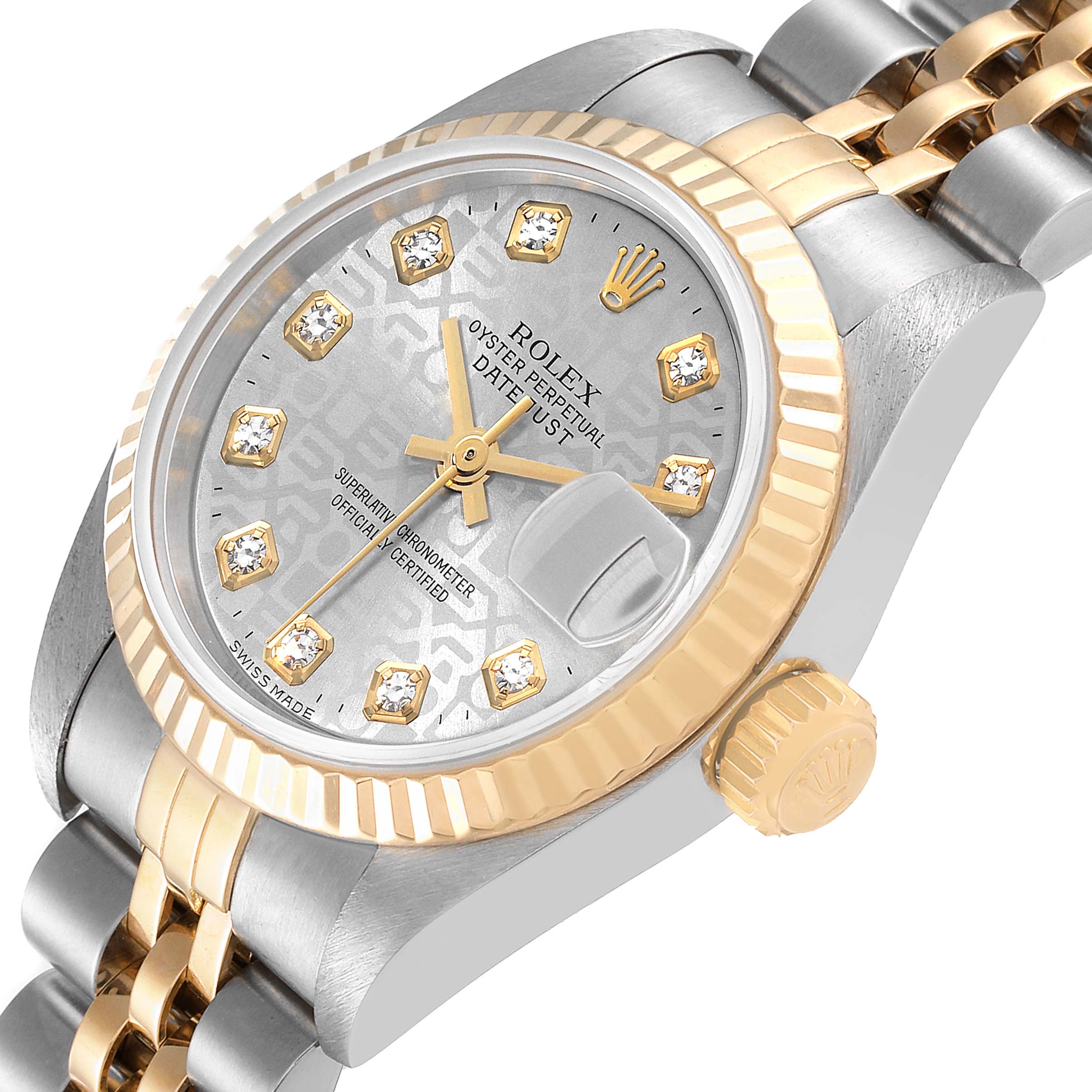 This image shows a close-up angled view of the Rolex Datejust 79173 Women's Steel and Gold (two tone) Silver Dial 79173 Women's Steel and Gold (two tone) Silver Dial watch, highlighting its dial, hands, bezel, and crown.