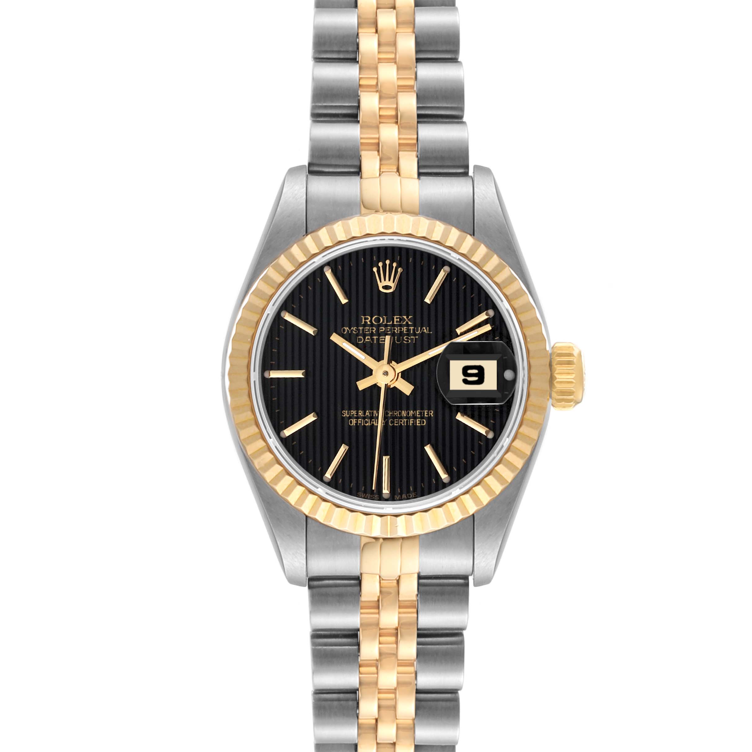 The Rolex Datejust 69173 Women's Steel and Gold (two tone) Black Dial 69173 Women's Steel and Gold (two tone) Black Dial watch is shown from a top-down angle, displaying the face, bezel, and two-tone bracelet.