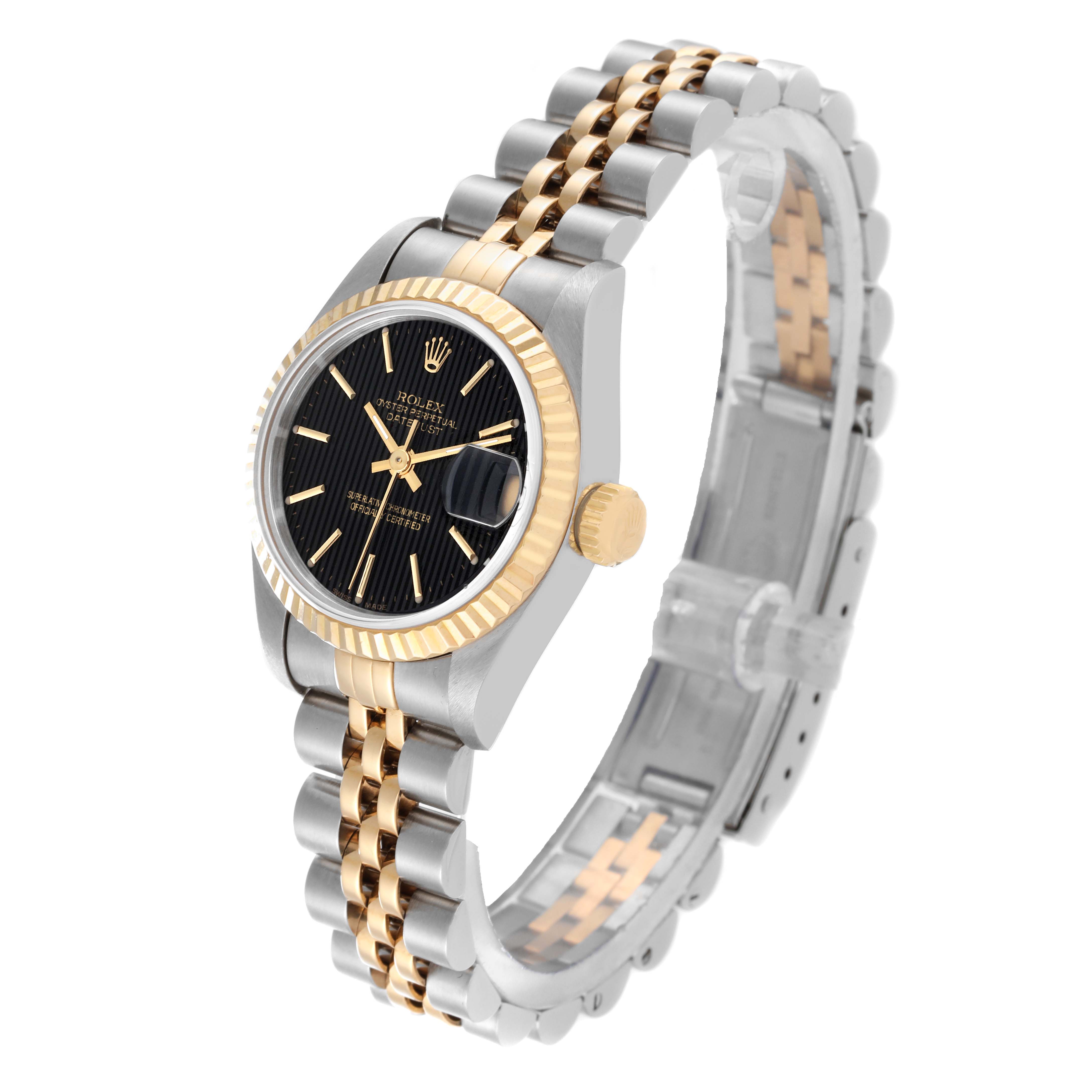 The image shows a Rolex Datejust 69173 Women's Steel and Gold (two tone) Black Dial 69173 Women's Steel and Gold (two tone) Black Dial watch at a three-quarter angle, highlighting its two-tone bracelet, black dial, and fluted bezel.
