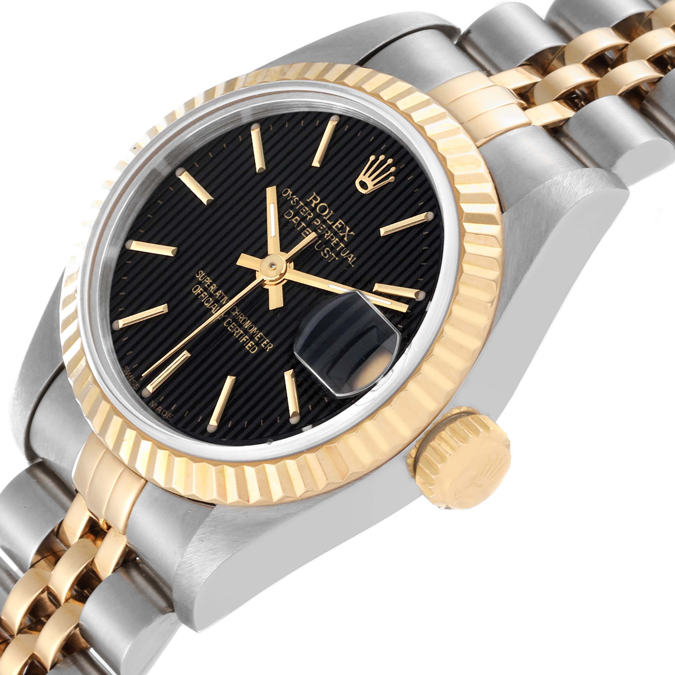 This Rolex Datejust 69173 Women's Steel and Gold (two tone) Black Dial 69173 Women's Steel and Gold (two tone) Black Dial watch is shown at an angle highlighting its black dial, gold fluted bezel, and two-tone bracelet.