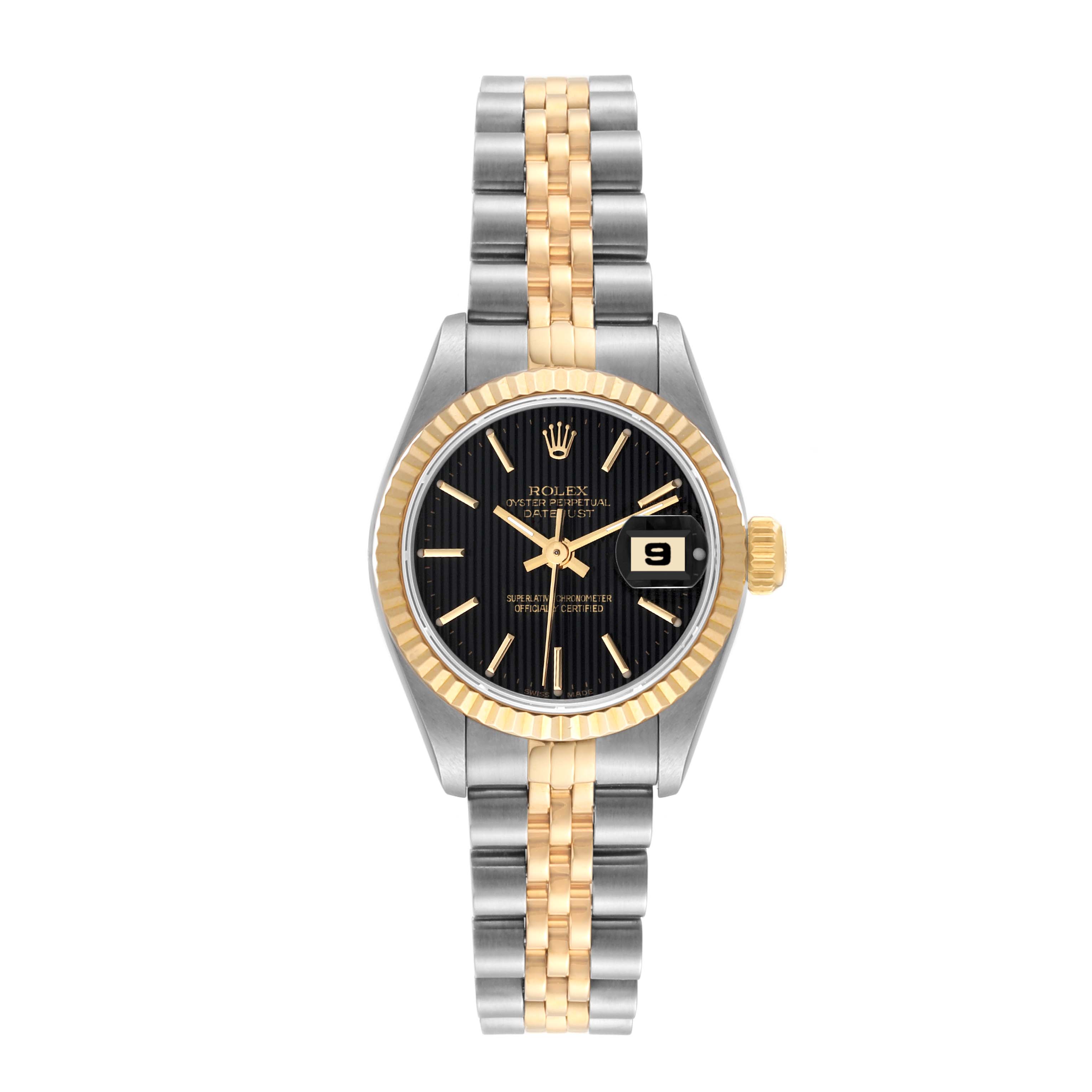 This Datejust model by Rolex is shown from the front, displaying the case, dial, bezel, and bracelet.