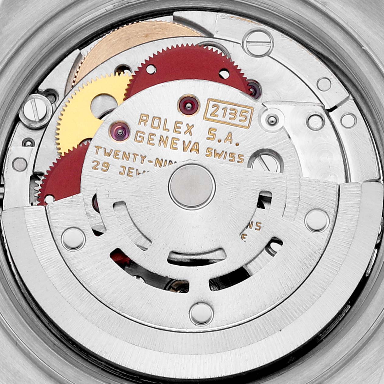 The image shows the internal mechanism of a Rolex Datejust 69173 Women's Steel and Gold (two tone) Black Dial 69173 Women's Steel and Gold (two tone) Black Dial watch, highlighting gears and the rotor with the "Rolex S.A." engraving.