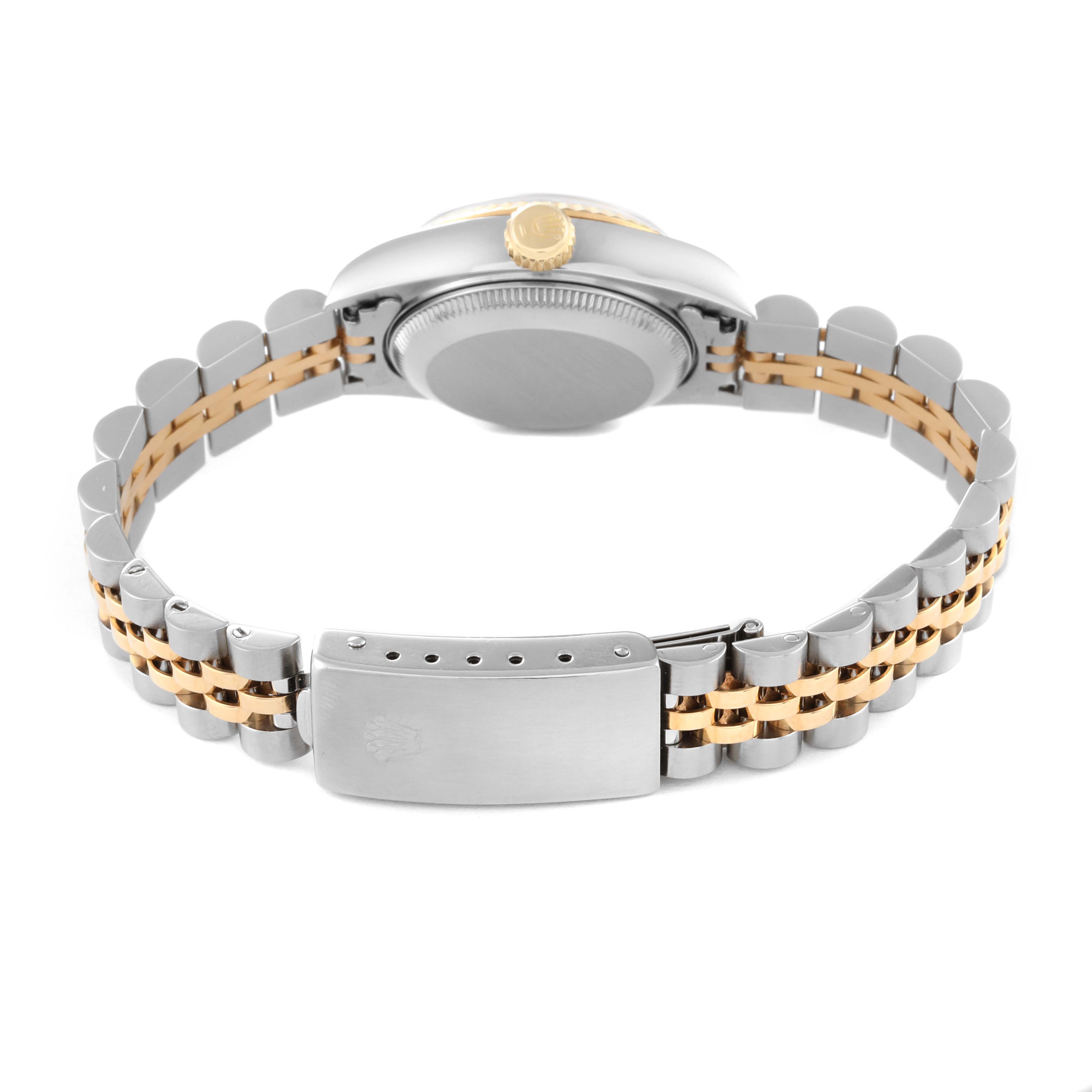 This image shows the back view of a Rolex Datejust 69173 Women's Steel and Gold (two tone) Black Dial 69173 Women's Steel and Gold (two tone) Black Dial model, focusing on its clasp, bracelet, and case back.