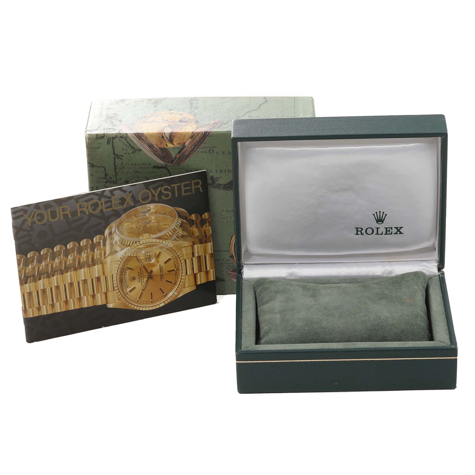The image shows the box and manual for a Rolex Datejust 69173 Women's Steel and Gold (two tone) Black Dial 69173 Women's Steel and Gold (two tone) Black Dial, as well as an open watch box without the watch.