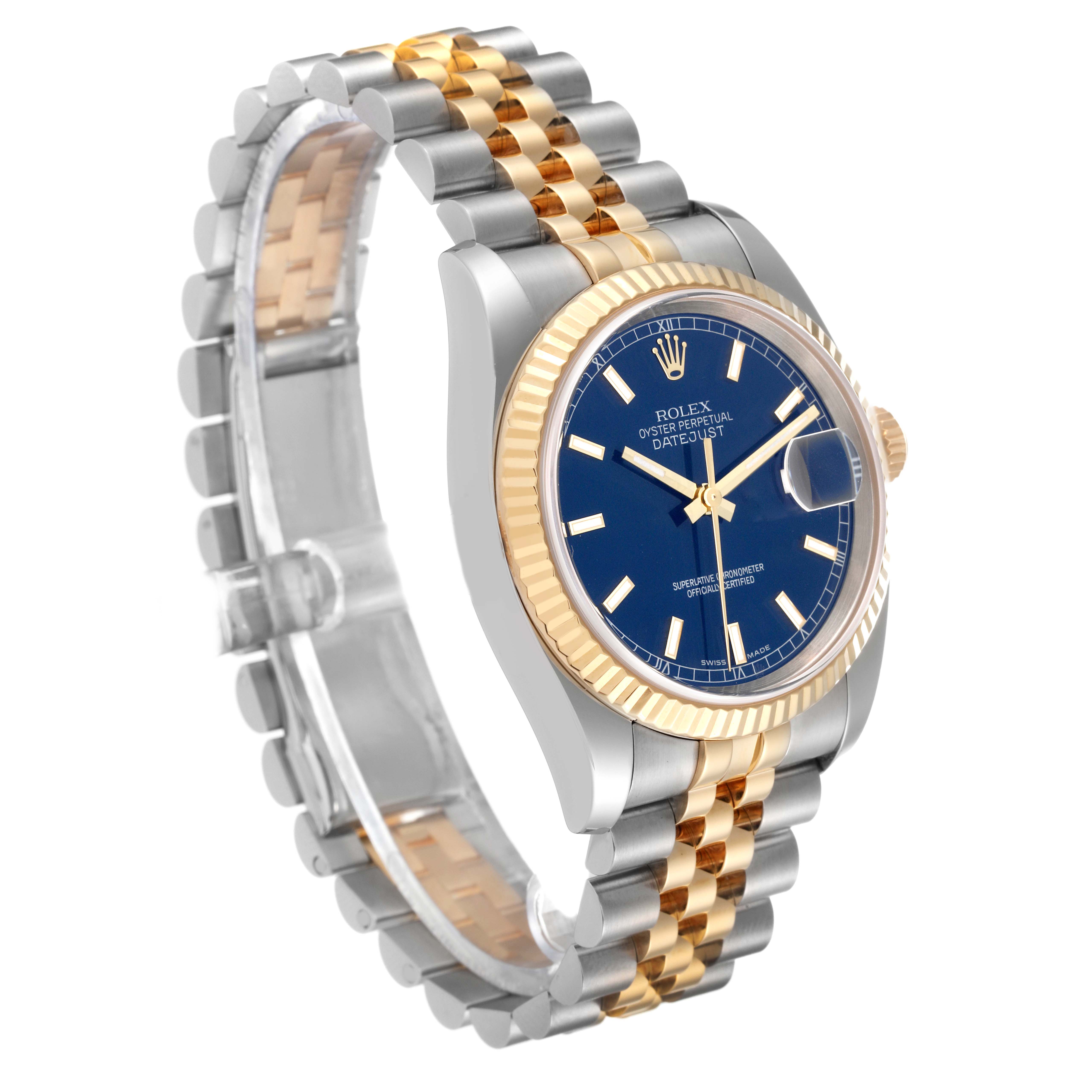 The Rolex Datejust 116233 Men's Steel and Gold (two tone) Blue Dial watch is shown at a three-quarter angle, displaying the blue dial, fluted bezel, and two-tone bracelet.