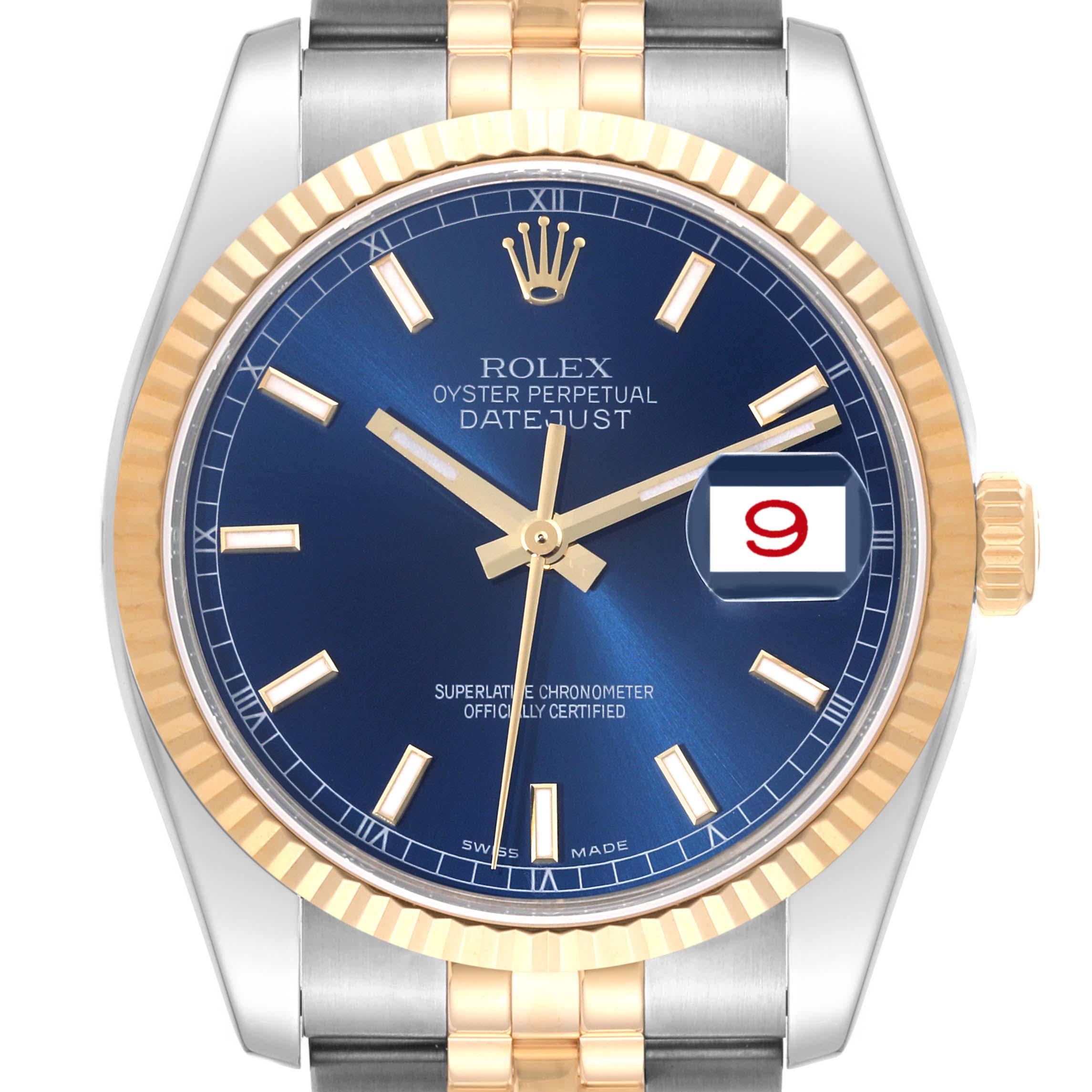 The Rolex Datejust 116233 Men's Steel and Gold (two tone) Blue Dial watch is shown from the front, highlighting its blue dial, fluted gold bezel, and Jubilee bracelet.