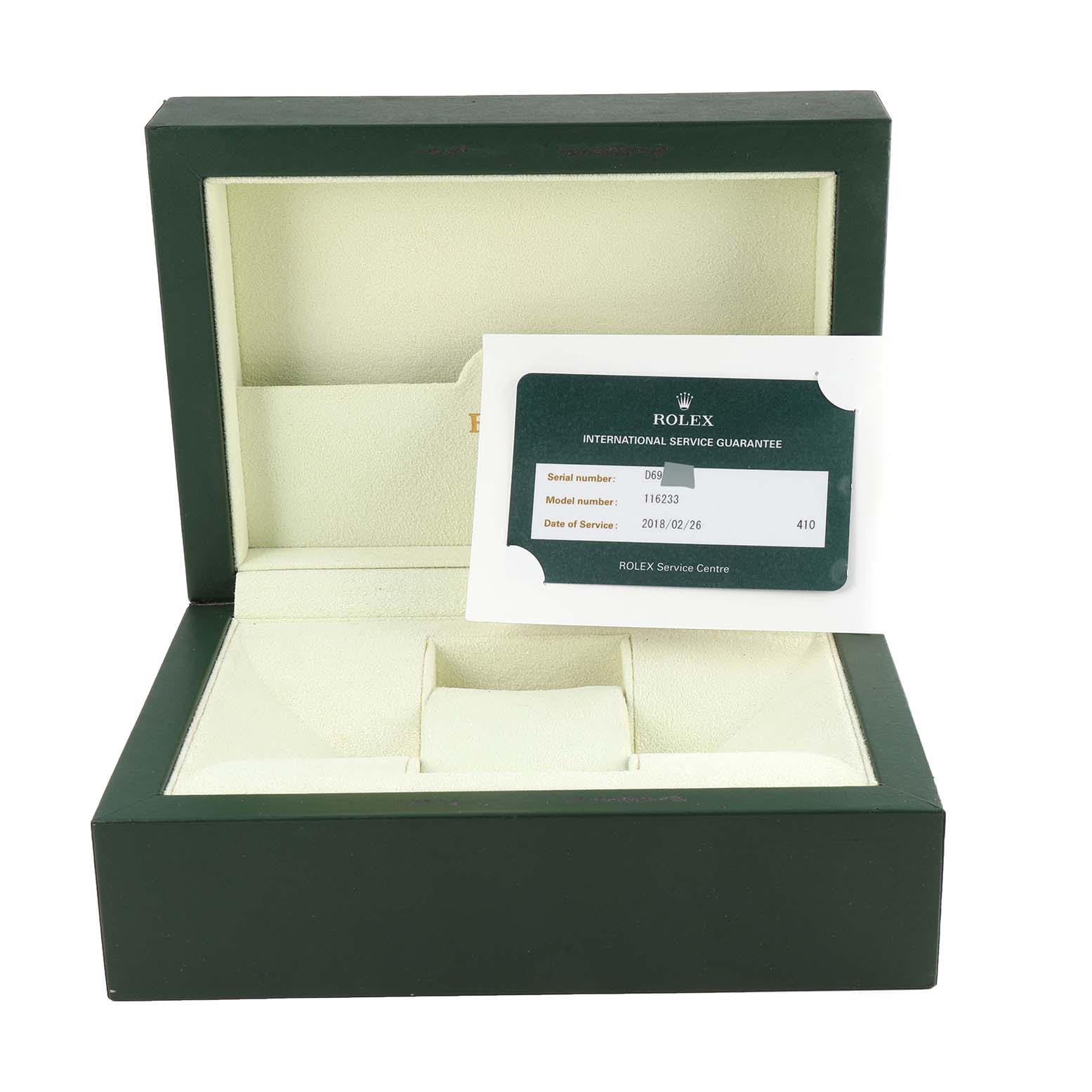 The image shows an open Rolex Datejust 116233 Men's Steel and Gold (two tone) Blue Dial box with a service guarantee card placed inside.