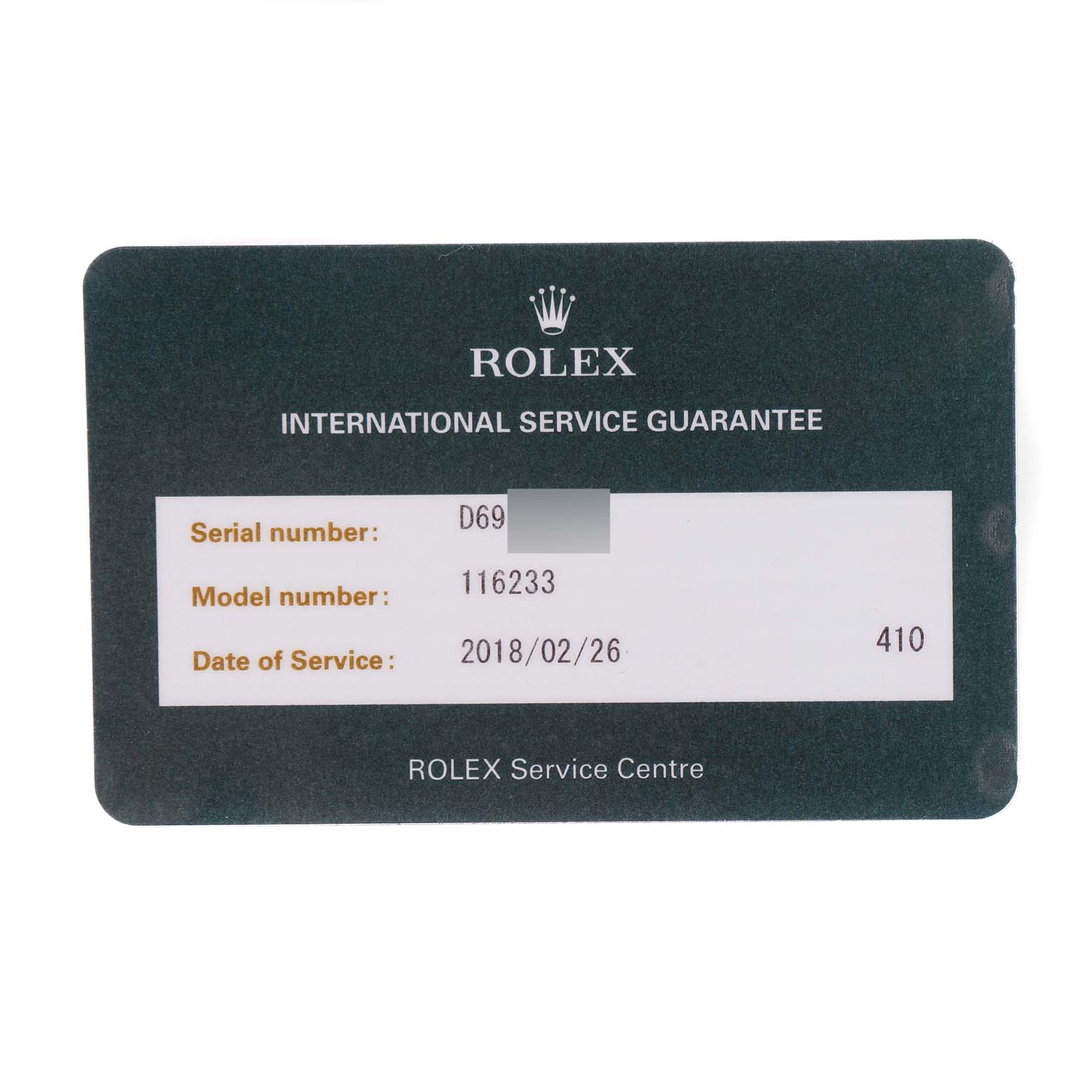 The image shows a Rolex Datejust 116233 Men's Steel and Gold (two tone) Blue Dial International Service Guarantee card with serial and model number details.