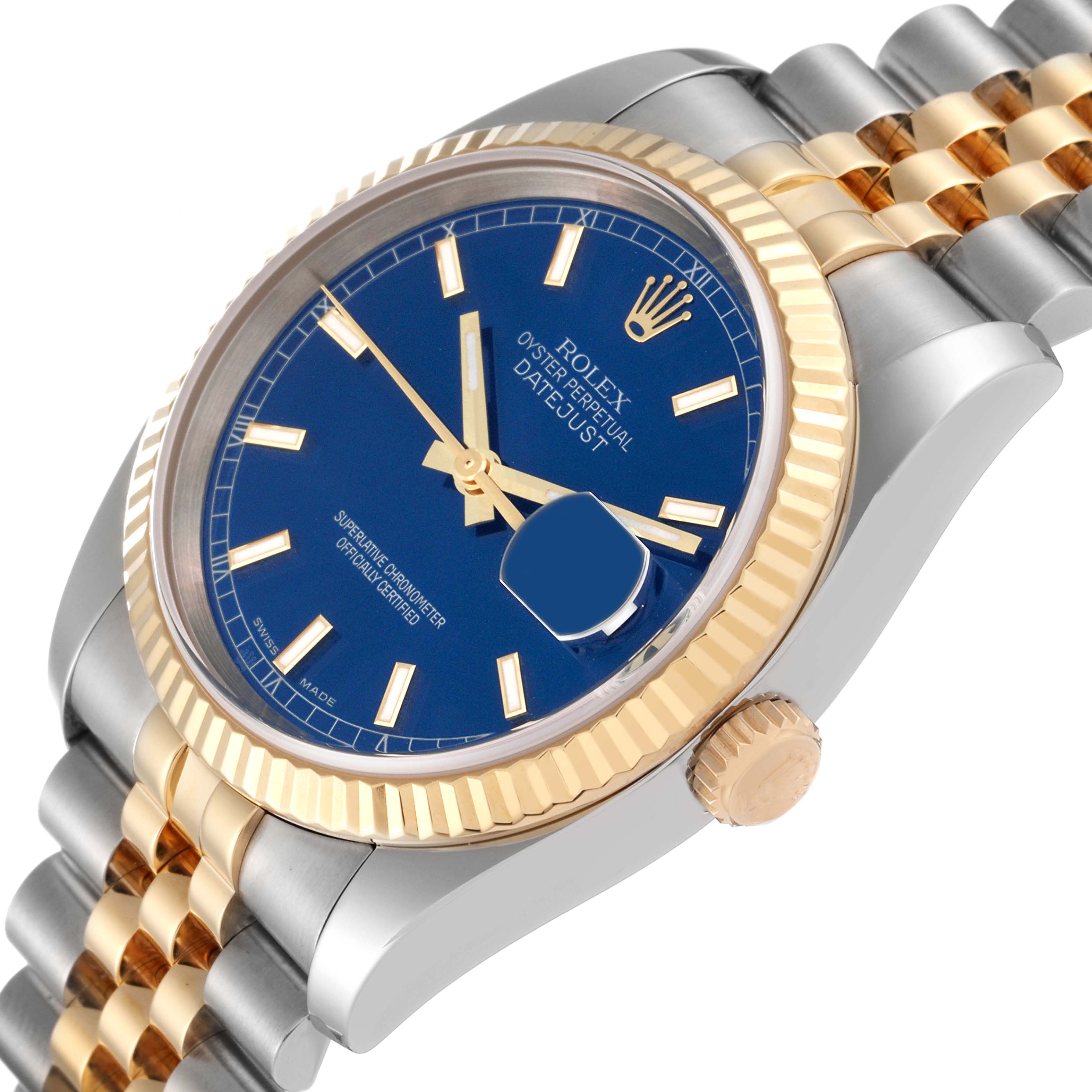 The Rolex Datejust 116233 Men's Steel and Gold (two tone) Blue Dial watch is shown at a side angle, highlighting the case, crown, bezel, and part of the bracelet.