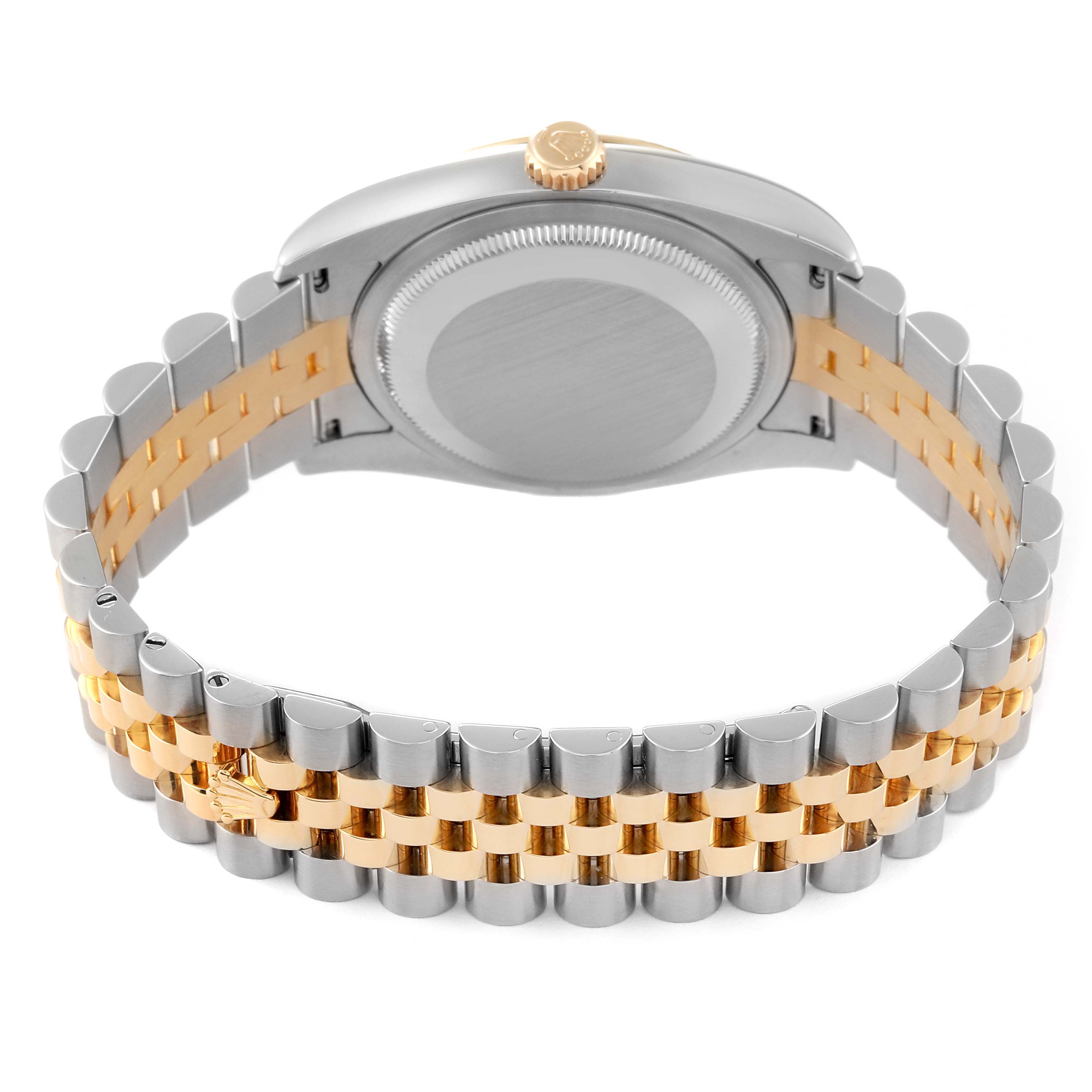 The image shows the back view of a Rolex Datejust 116233 Men's Steel and Gold (two tone) Blue Dial, highlighting the case back and two-tone bracelet with Jubilee links.