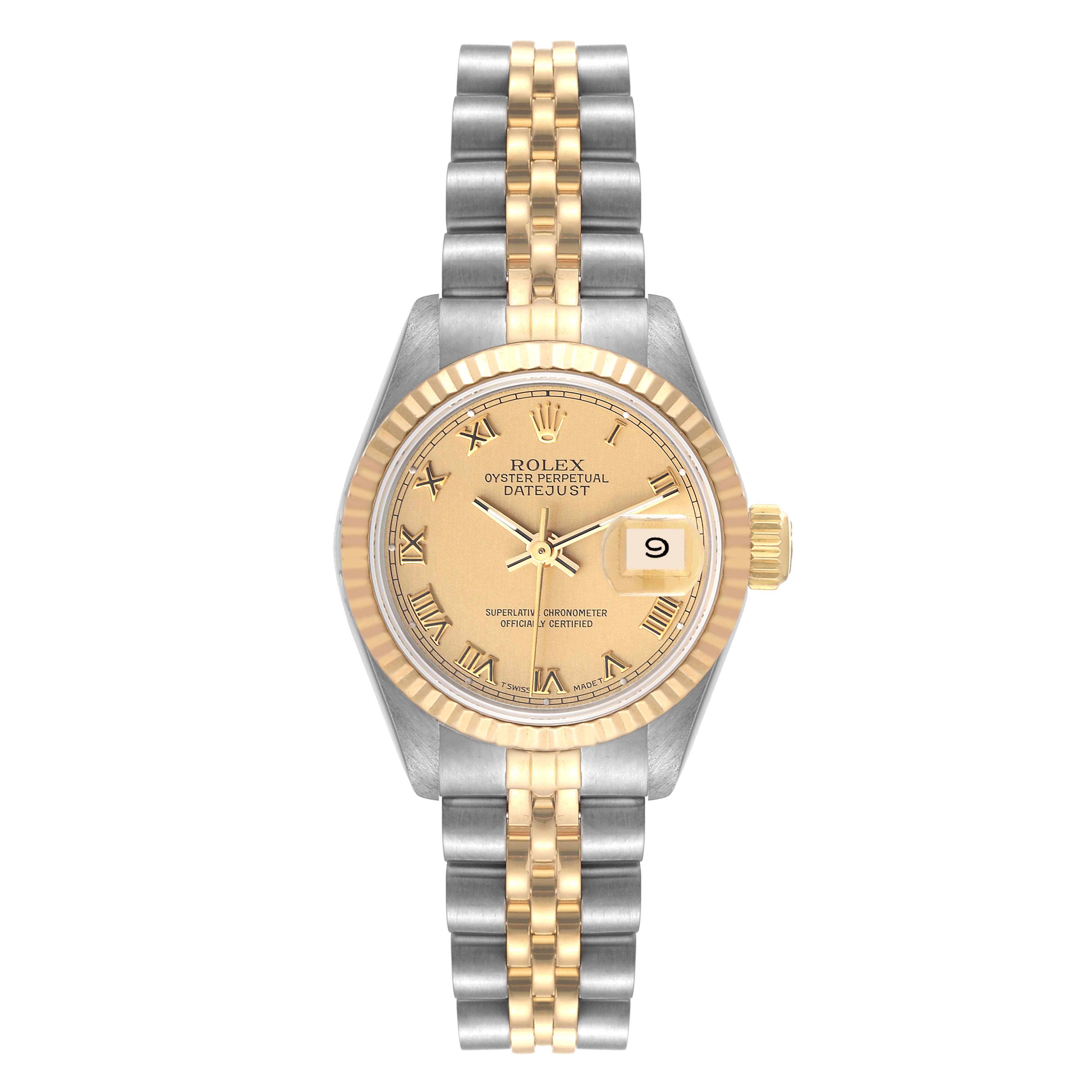 This Rolex Datejust 69173 Women's Steel and Gold (two tone) Champagne Dial 69173 Women's Steel and Gold (two tone) Champagne Dial watch is shown from a top-down angle, displaying the face, bezel, bracelet, and crown.