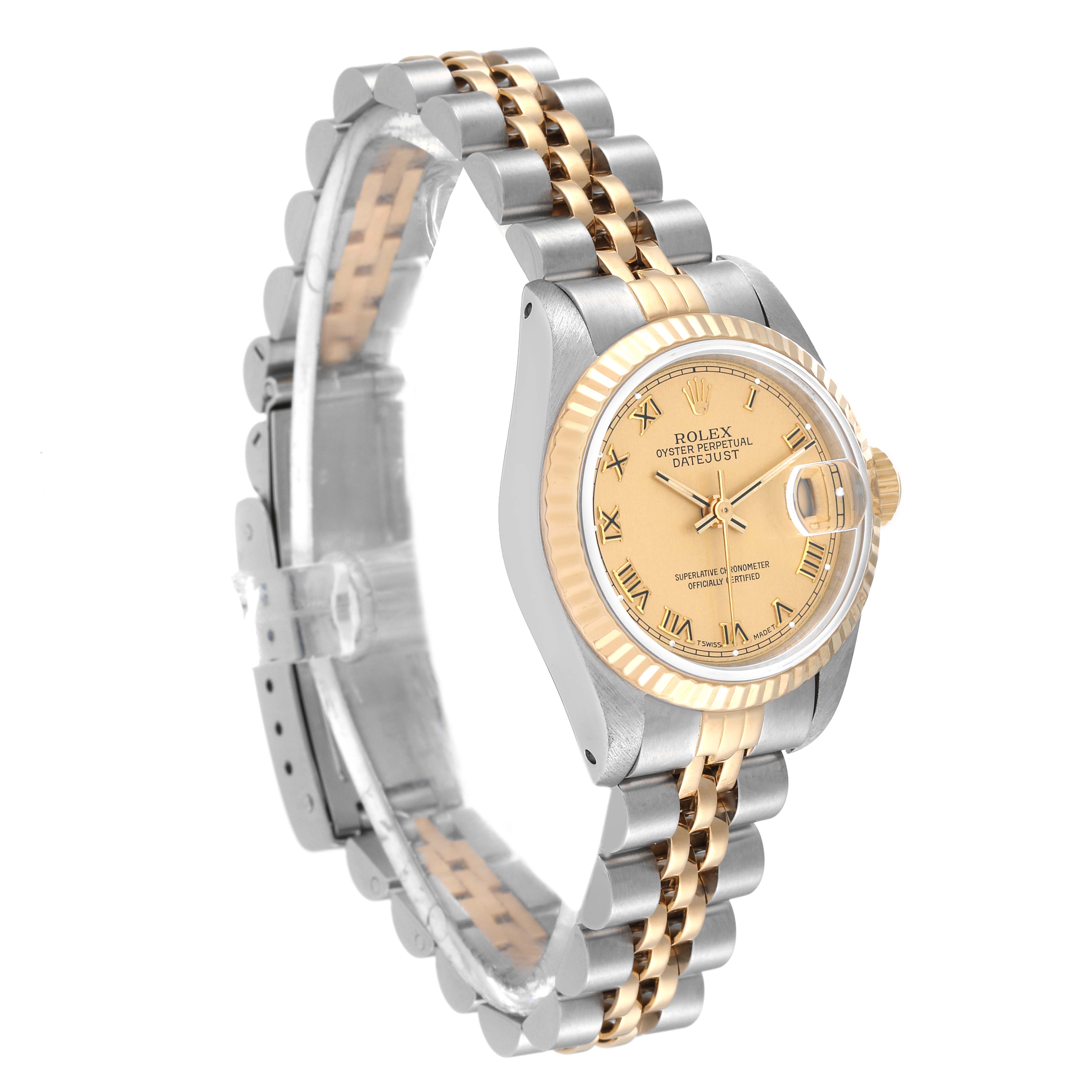 The image shows a Rolex Datejust 69173 Women's Steel and Gold (two tone) Champagne Dial 69173 Women's Steel and Gold (two tone) Champagne Dial watch at an angle, highlighting its dial, bezel, and two-tone bracelet.