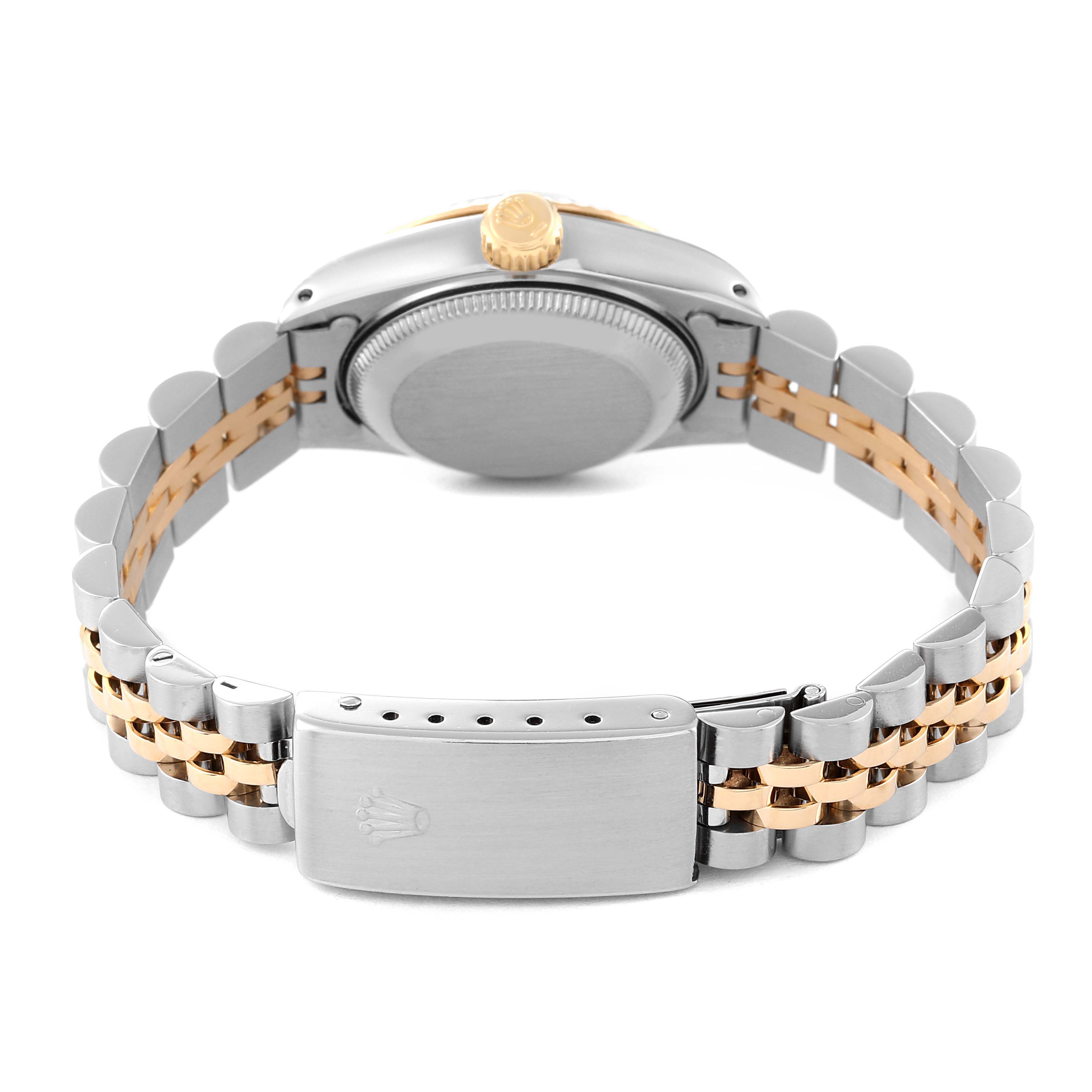 The image shows the back and sides of a Rolex Datejust 69173 Women's Steel and Gold (two tone) Champagne Dial 69173 Women's Steel and Gold (two tone) Champagne Dial watch, highlighting its clasp, bracelet, case back, and crown.