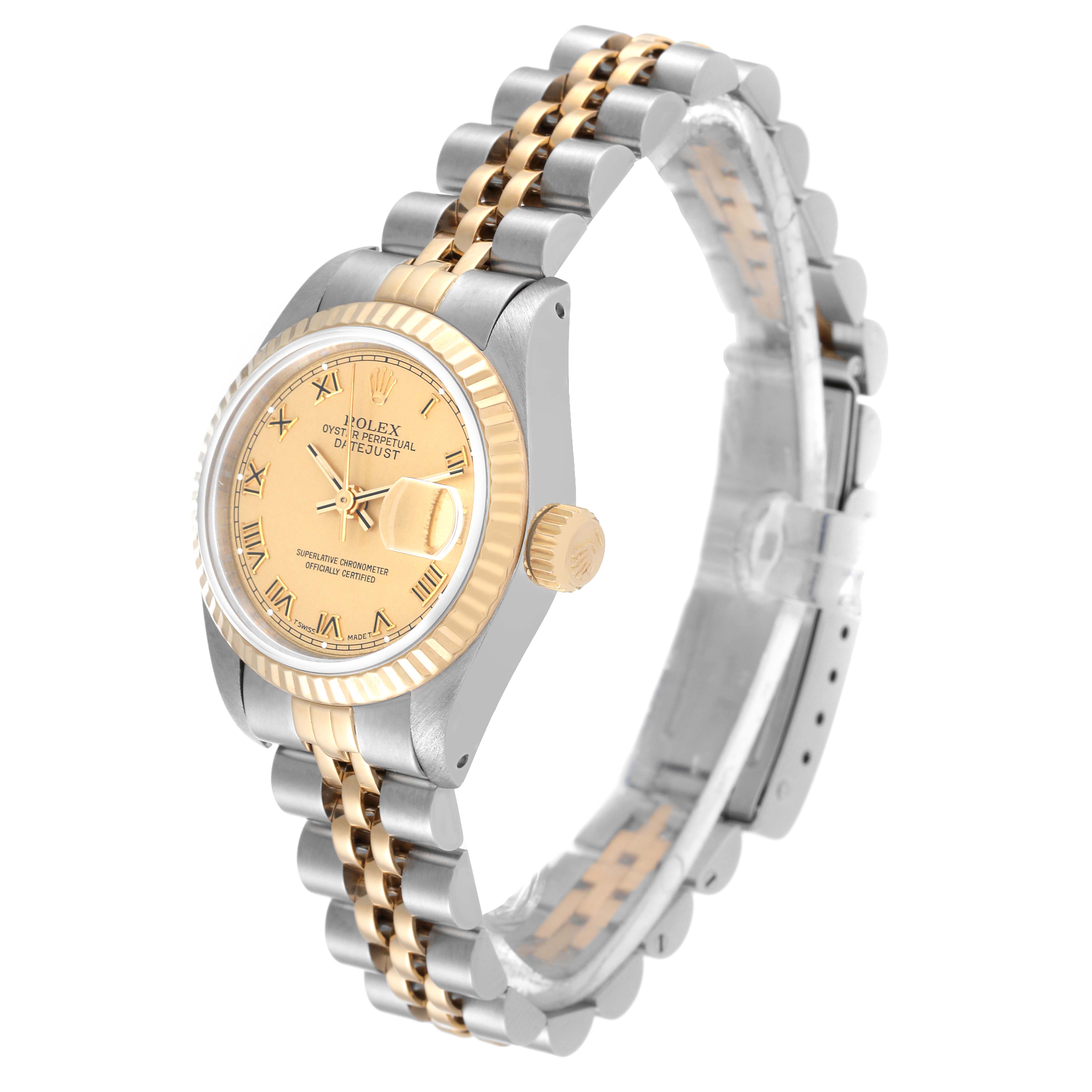 The image shows a side angle of a Rolex Datejust 69173 Women's Steel and Gold (two tone) Champagne Dial 69173 Women's Steel and Gold (two tone) Champagne Dial watch, highlighting its gold and silver bracelet, bezel, crown, and dial with Roman numerals.