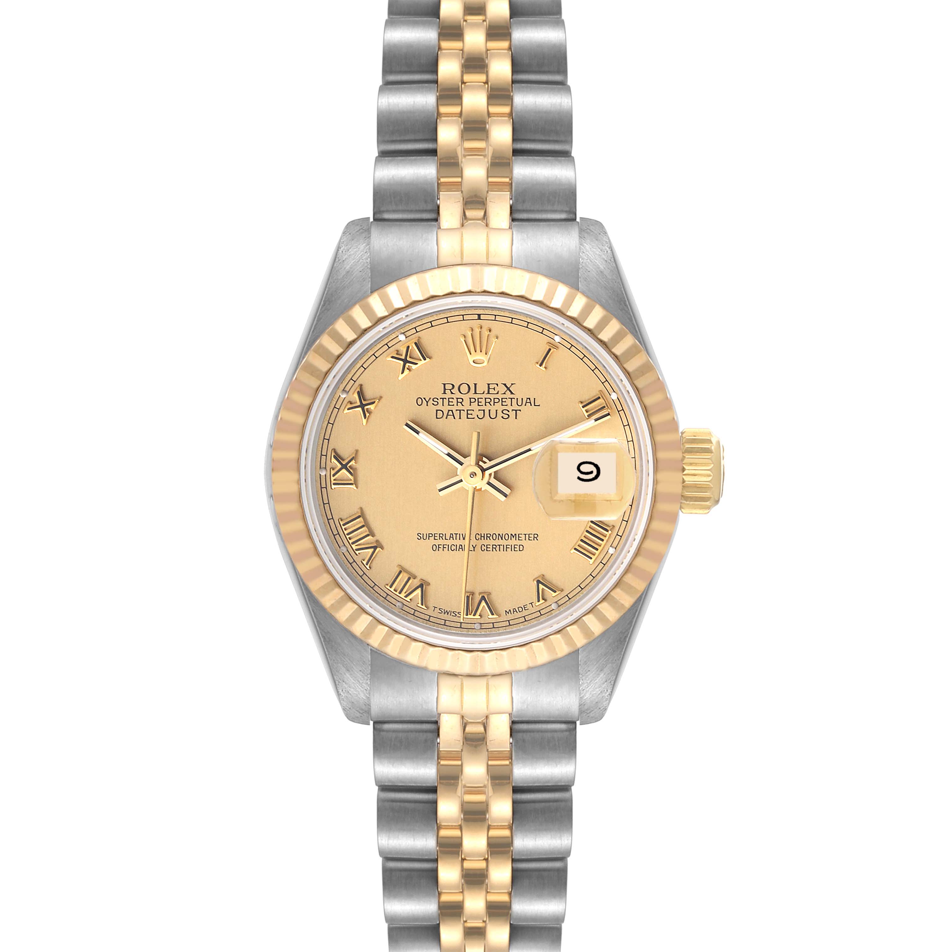 This image shows a front view of a Rolex Datejust 69173 Women's Steel and Gold (two tone) Champagne Dial 69173 Women's Steel and Gold (two tone) Champagne Dial watch, highlighting its dial, bezel, crown, and bracelet.