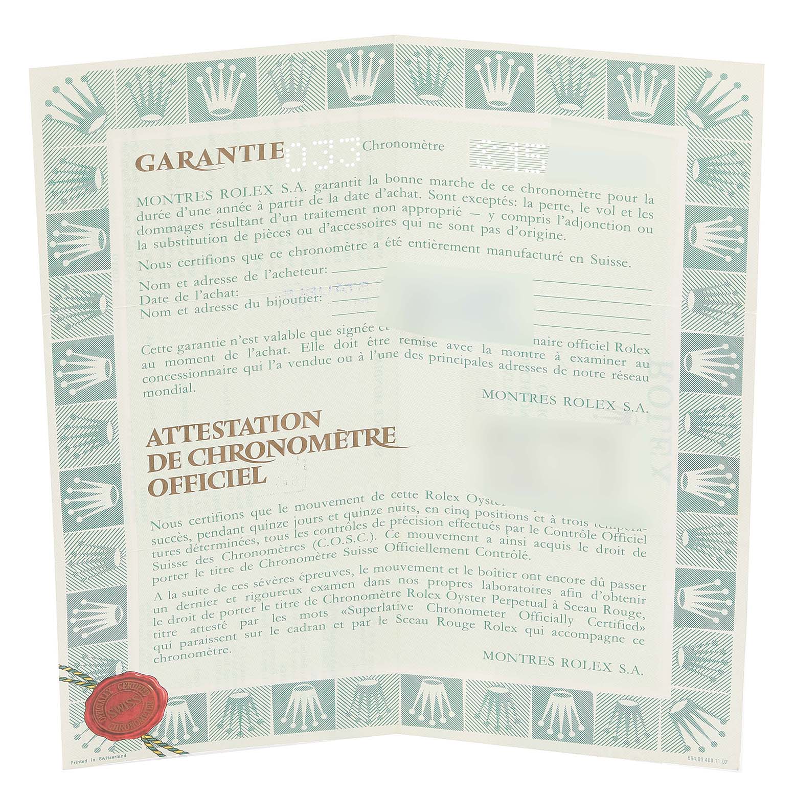 This image shows the warranty and chronometer certificate documentation for a Rolex Datejust 69173 Women's Steel and Gold (two tone) Champagne Dial 69173 Women's Steel and Gold (two tone) Champagne Dial model watch.
