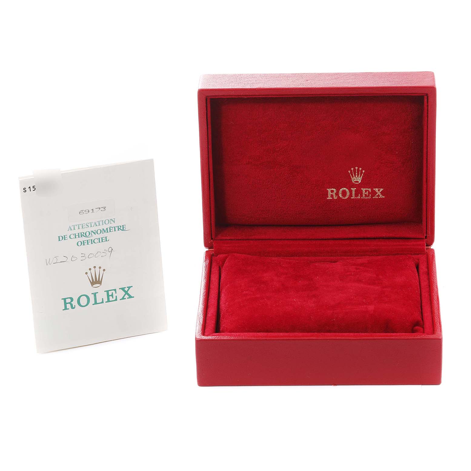 The image shows a red Rolex Datejust 69173 Women's Steel and Gold (two tone) Champagne Dial 69173 Women's Steel and Gold (two tone) Champagne Dial watch box next to a Rolex chronometer certificate.