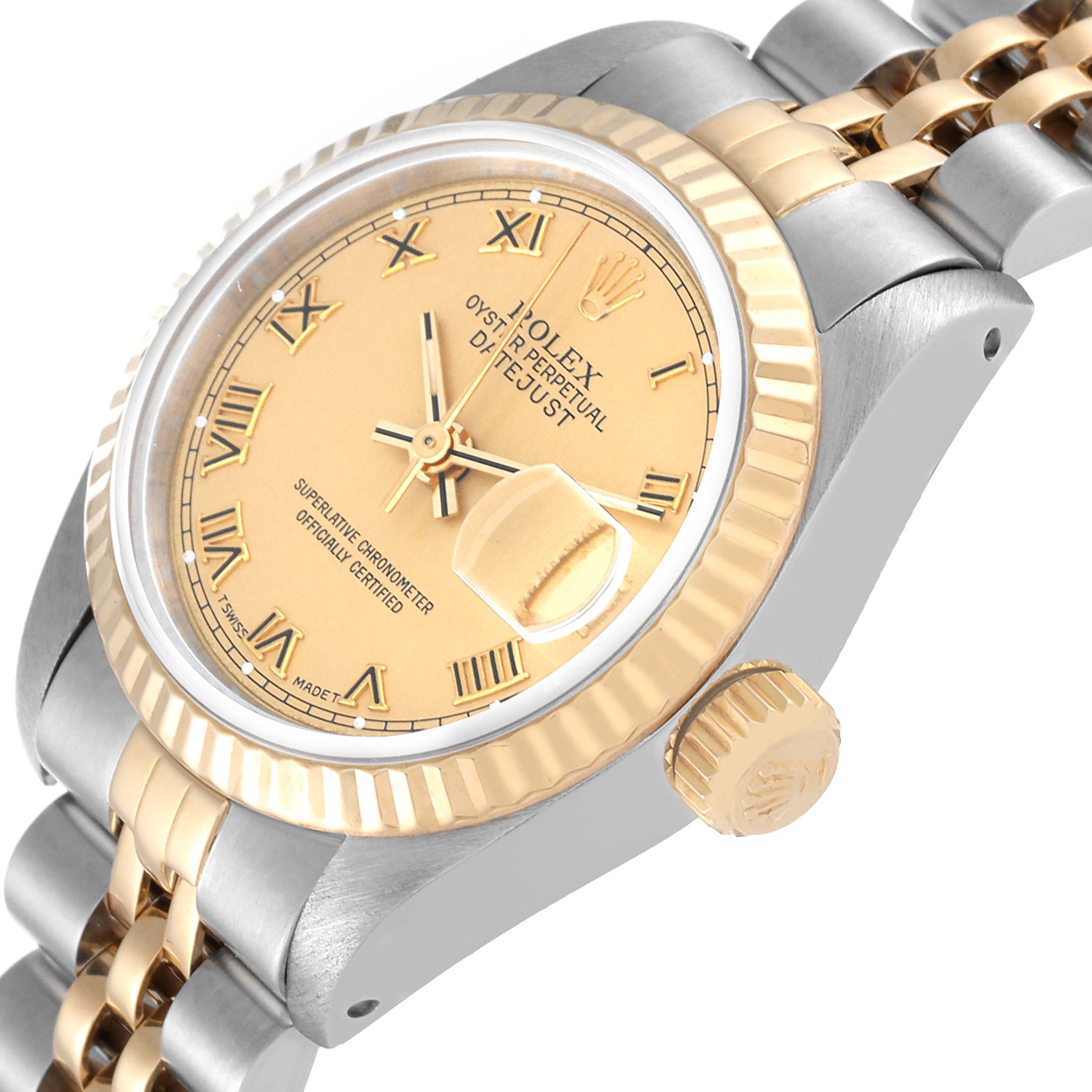 The image shows a Rolex Datejust 69173 Women's Steel and Gold (two tone) Champagne Dial 69173 Women's Steel and Gold (two tone) Champagne Dial watch at an angled close-up view highlighting its face, bezel, crown, and part of the bracelet.