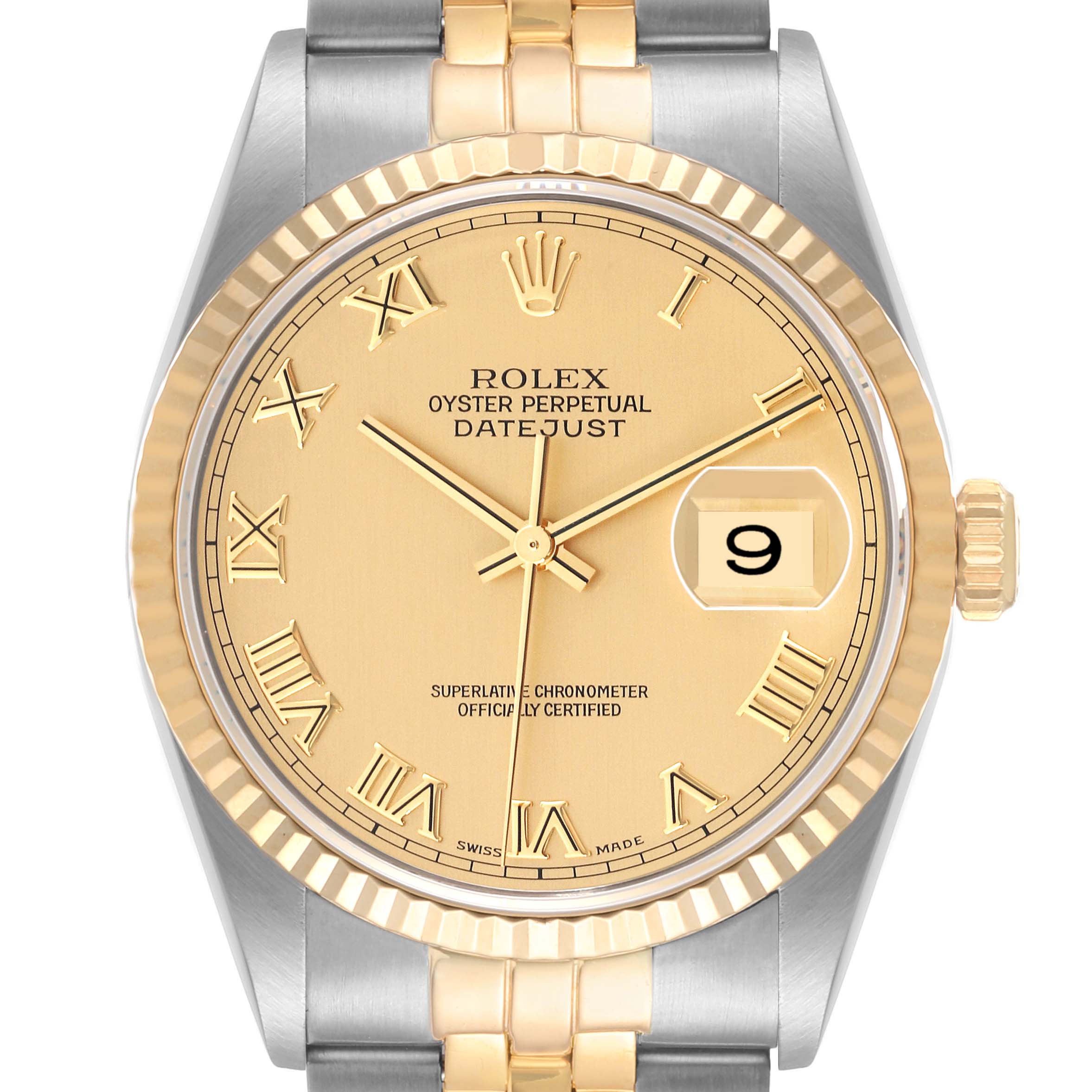 The Rolex Datejust 16233 Men's Steel and Gold (two tone) Champagne Dial 16233 Men's Steel and Gold (two tone) Champagne Dial watch is shown from a front angle, highlighting its dial, fluted bezel, case, and part of the bracelet.