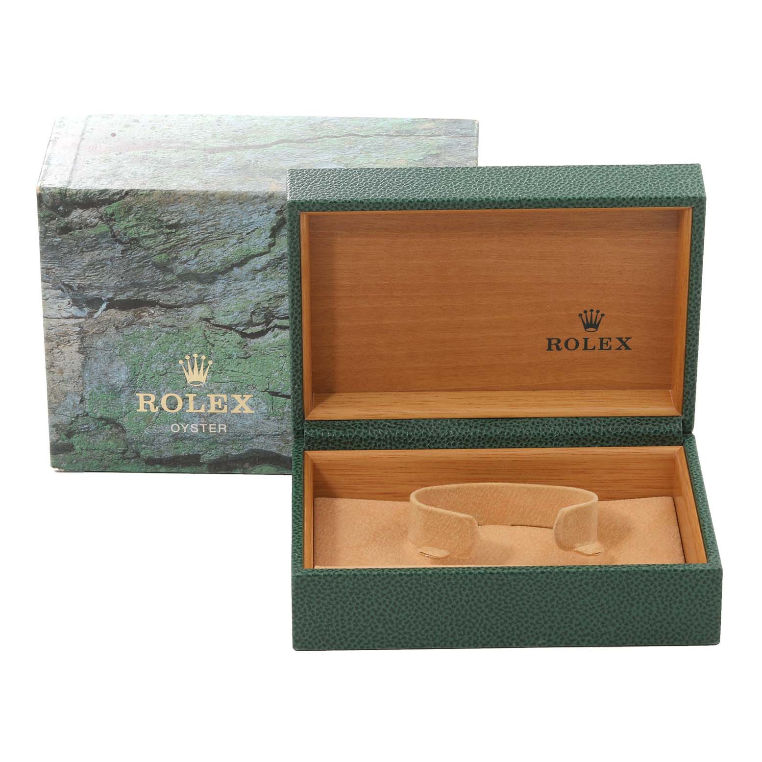 This image shows an open green and wood Rolex Datejust 16233 Men's Steel and Gold (two tone) Champagne Dial 16233 Men's Steel and Gold (two tone) Champagne Dial watch box with the outer packaging.