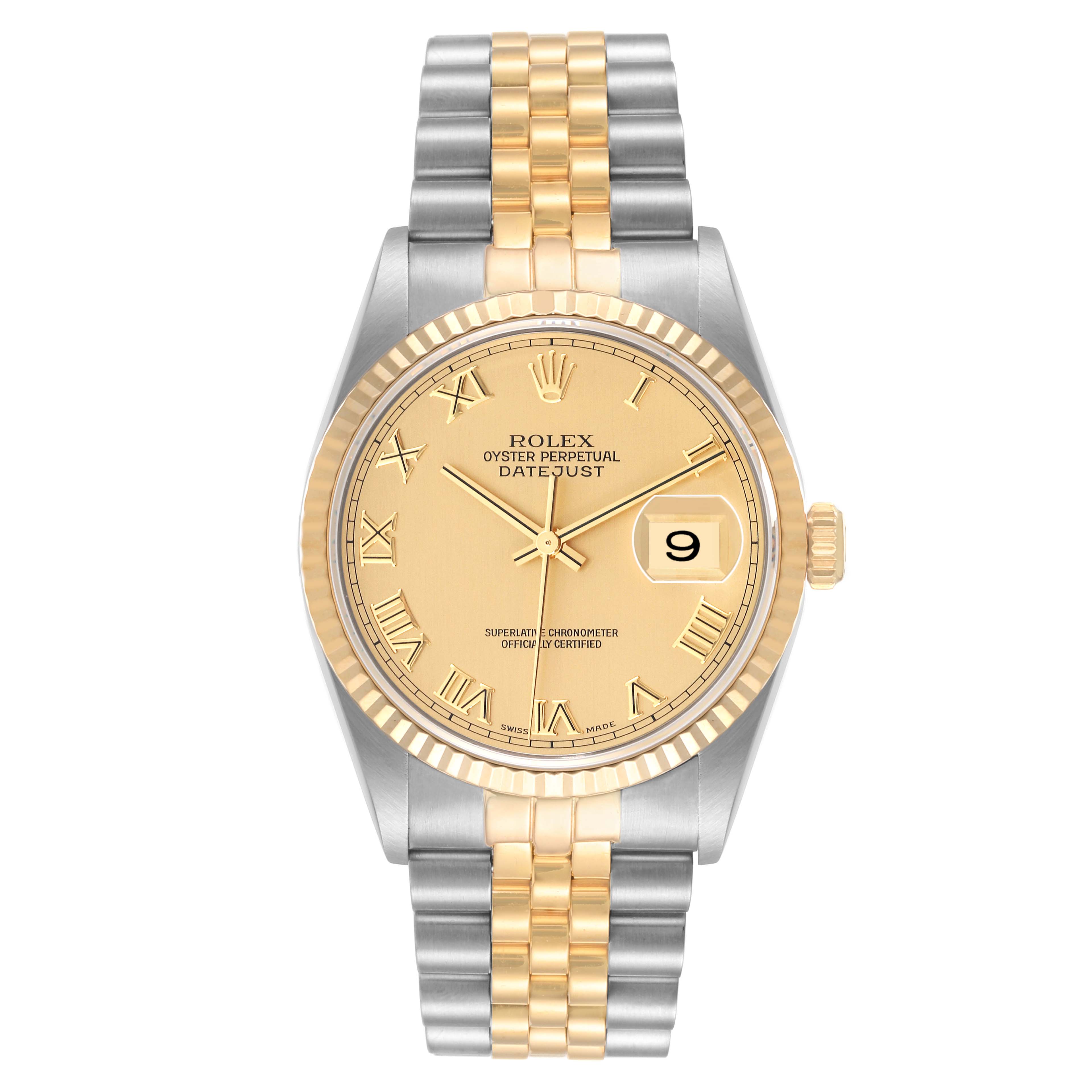The image shows a front view of a Rolex Datejust 16233 Men's Steel and Gold (two tone) Champagne Dial 16233 Men's Steel and Gold (two tone) Champagne Dial watch with a gold and silver two-tone bracelet and champagne-colored dial.