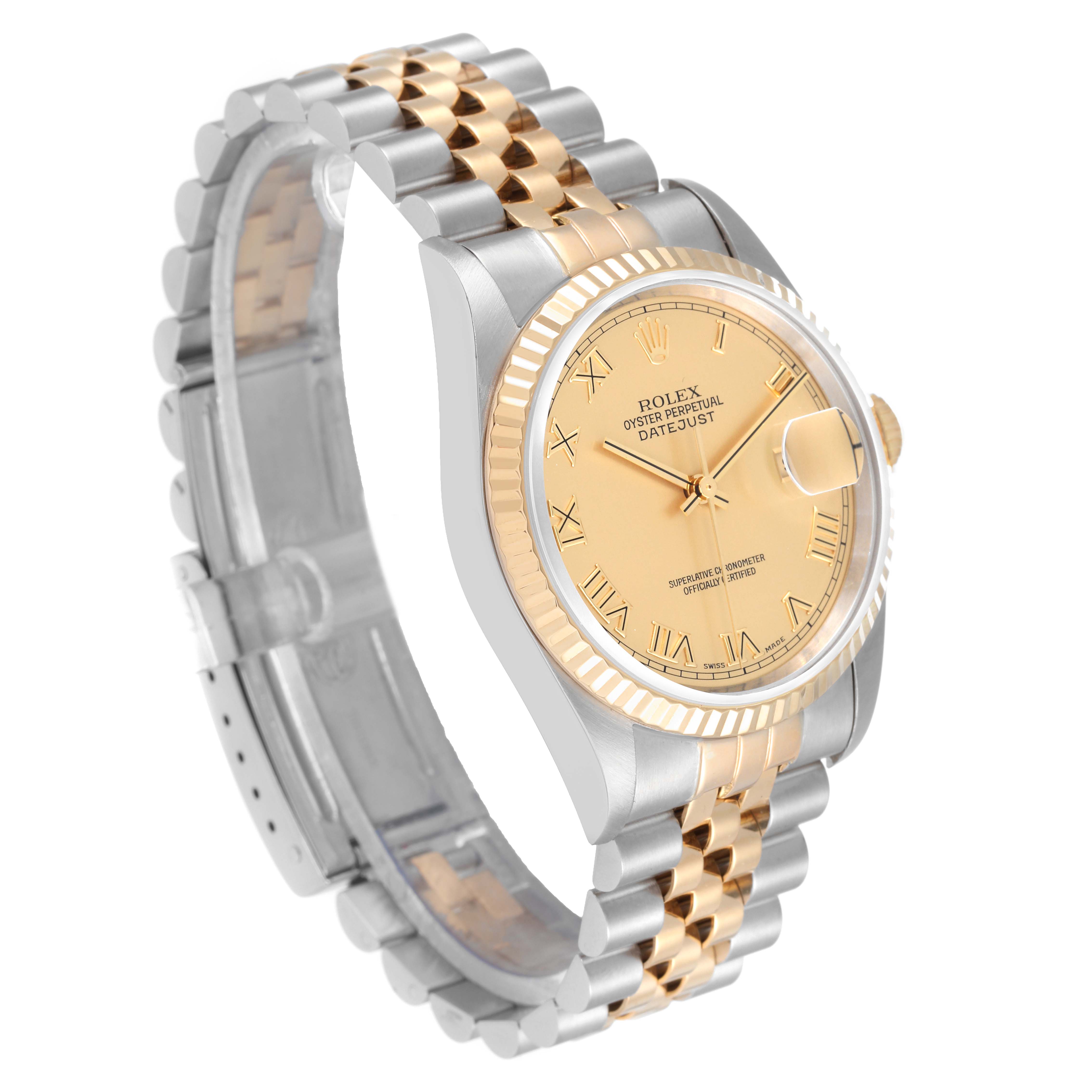The image shows a Rolex Datejust 16233 Men's Steel and Gold (two tone) Champagne Dial 16233 Men's Steel and Gold (two tone) Champagne Dial watch from an oblique angle focusing on the face, bezel, and two-tone bracelet.