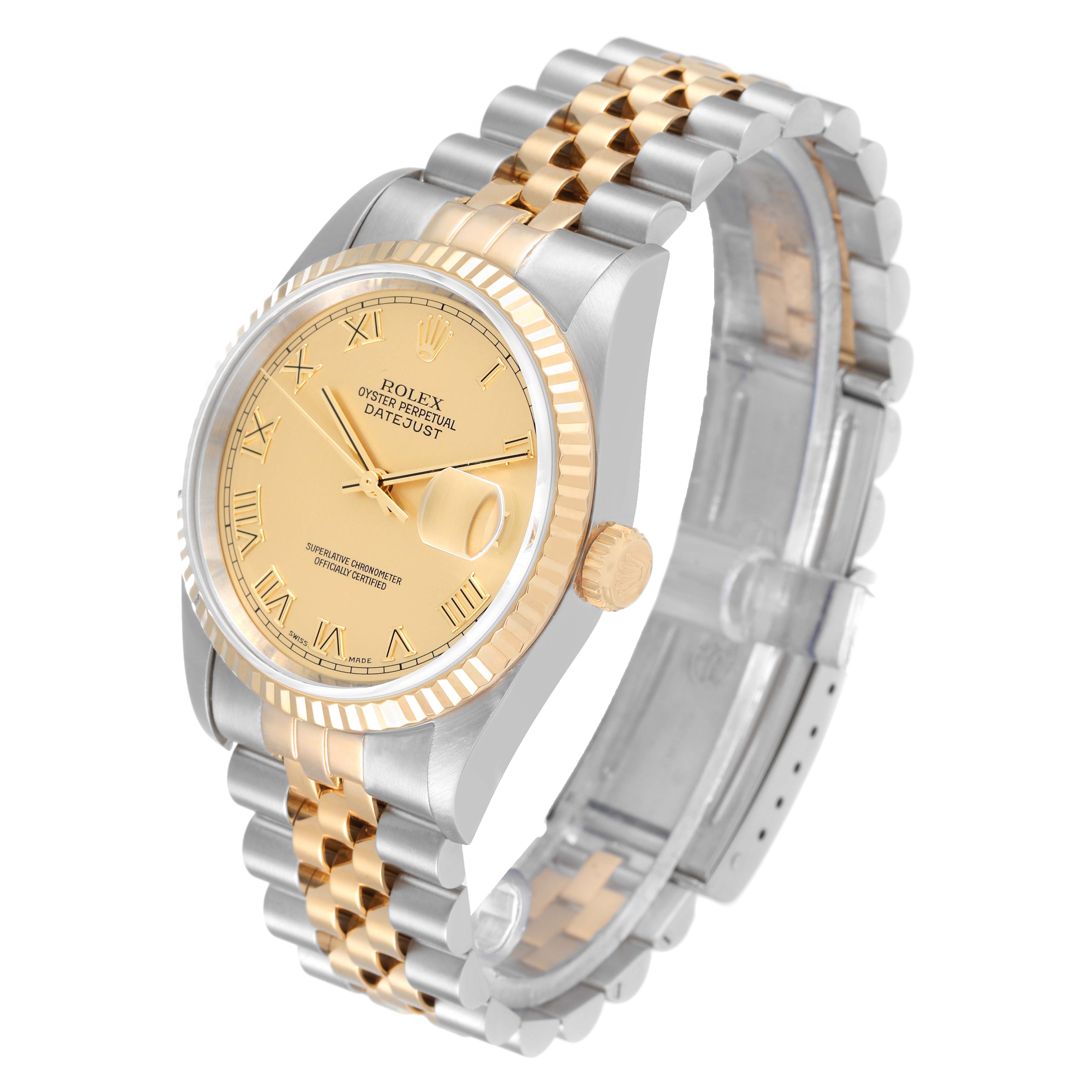 This image shows a Rolex Datejust 16233 Men's Steel and Gold (two tone) Champagne Dial 16233 Men's Steel and Gold (two tone) Champagne Dial watch at a three-quarter angle, highlighting its dial, bezel, crown, and jubilee bracelet.