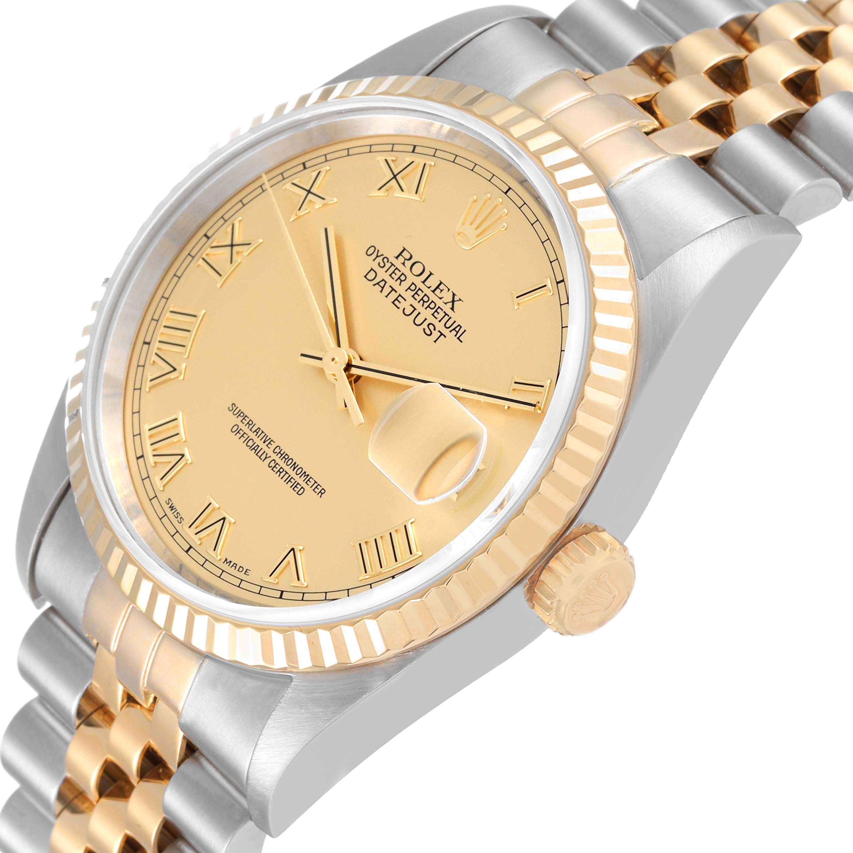 The Rolex Datejust 16233 Men's Steel and Gold (two tone) Champagne Dial 16233 Men's Steel and Gold (two tone) Champagne Dial watch is shown at a three-quarter angle highlighting its dial, bezel, and part of the bracelet.