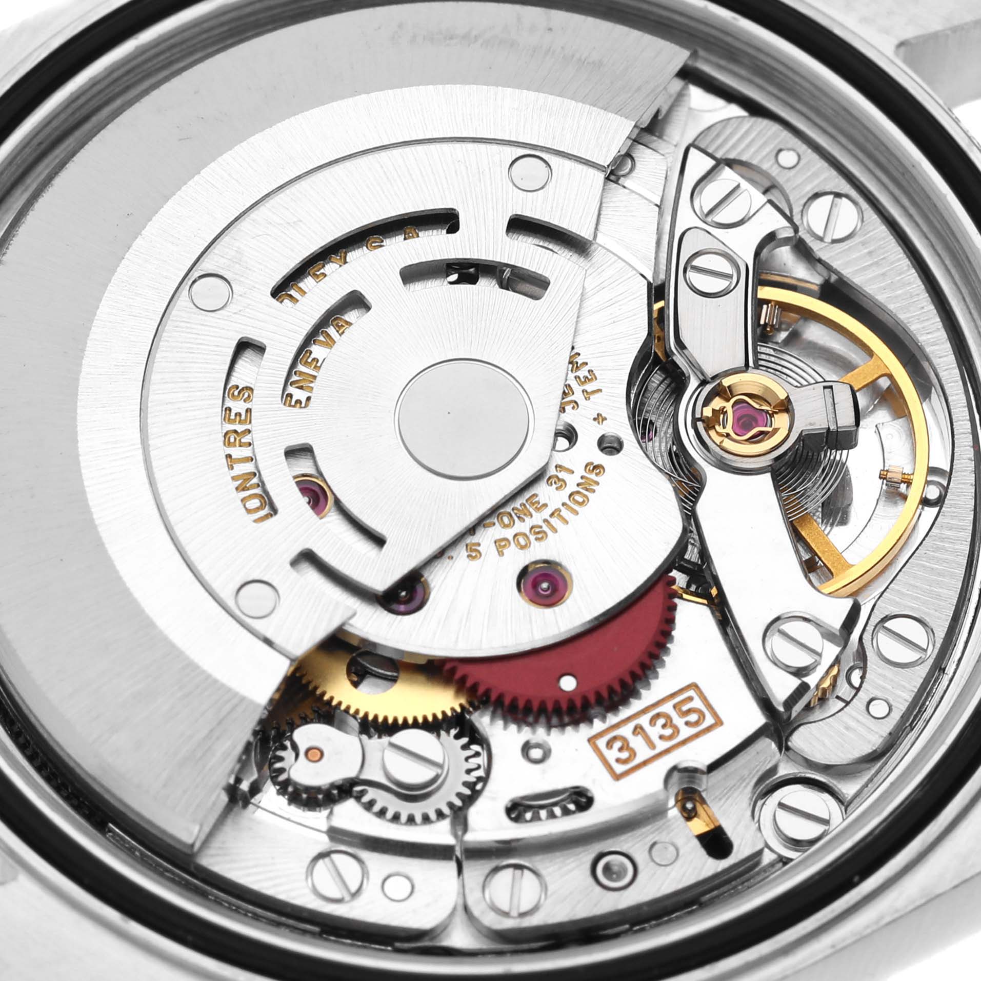 The image shows the detailed inner mechanical components of a Rolex Datejust 16233 Men's Steel and Gold (two tone) Champagne Dial 16233 Men's Steel and Gold (two tone) Champagne Dial watch, viewed from the back.