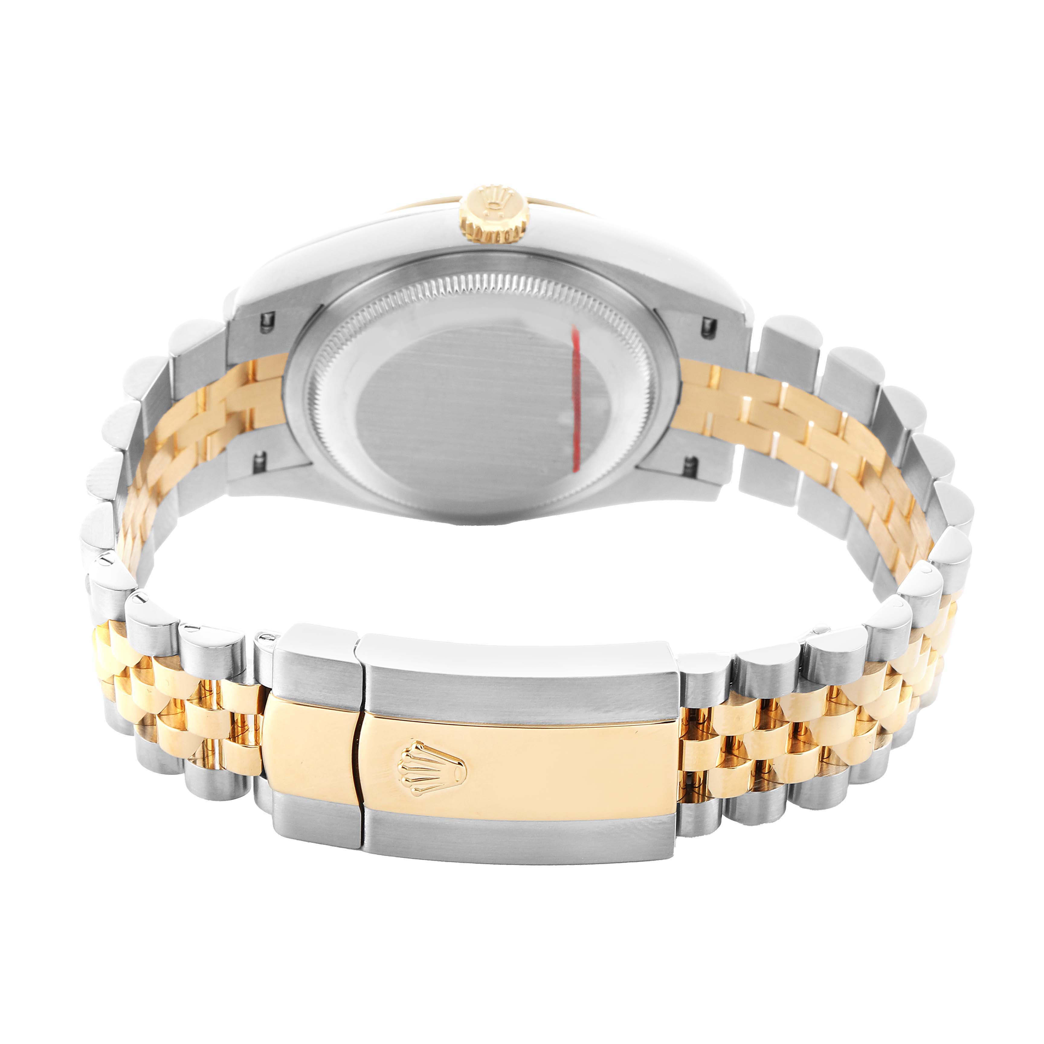 The Rolex Datejust 126233 Men's Steel and Gold (two tone) Champagne Dial watch is shown from the back, highlighting the case, crown, and two-tone bracelet with a clasp.