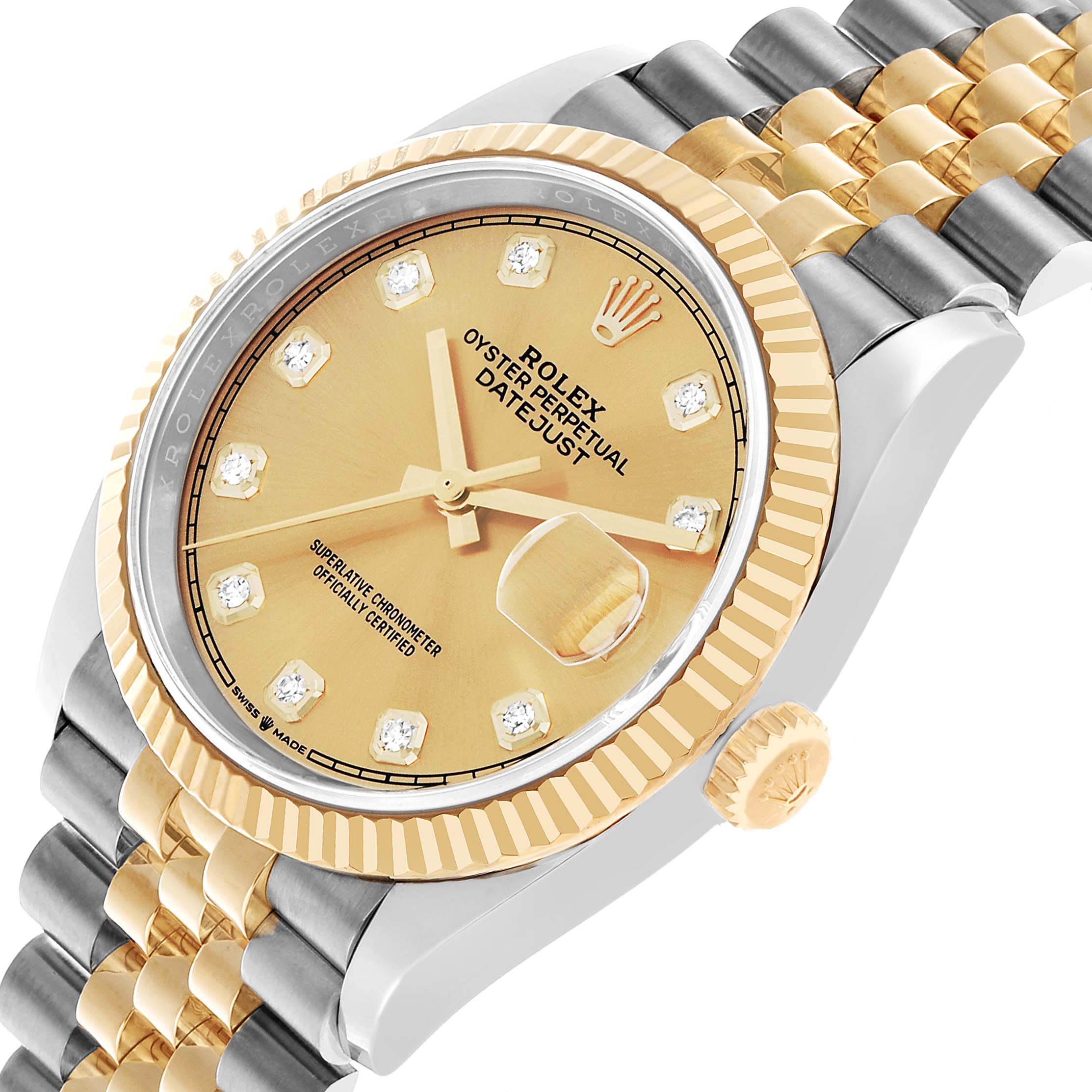The Rolex Datejust 126233 Men's Steel and Gold (two tone) Champagne Dial watch is shown at an angled view, highlighting the gold dial, diamond hour markers, fluted bezel, and two-tone bracelet.