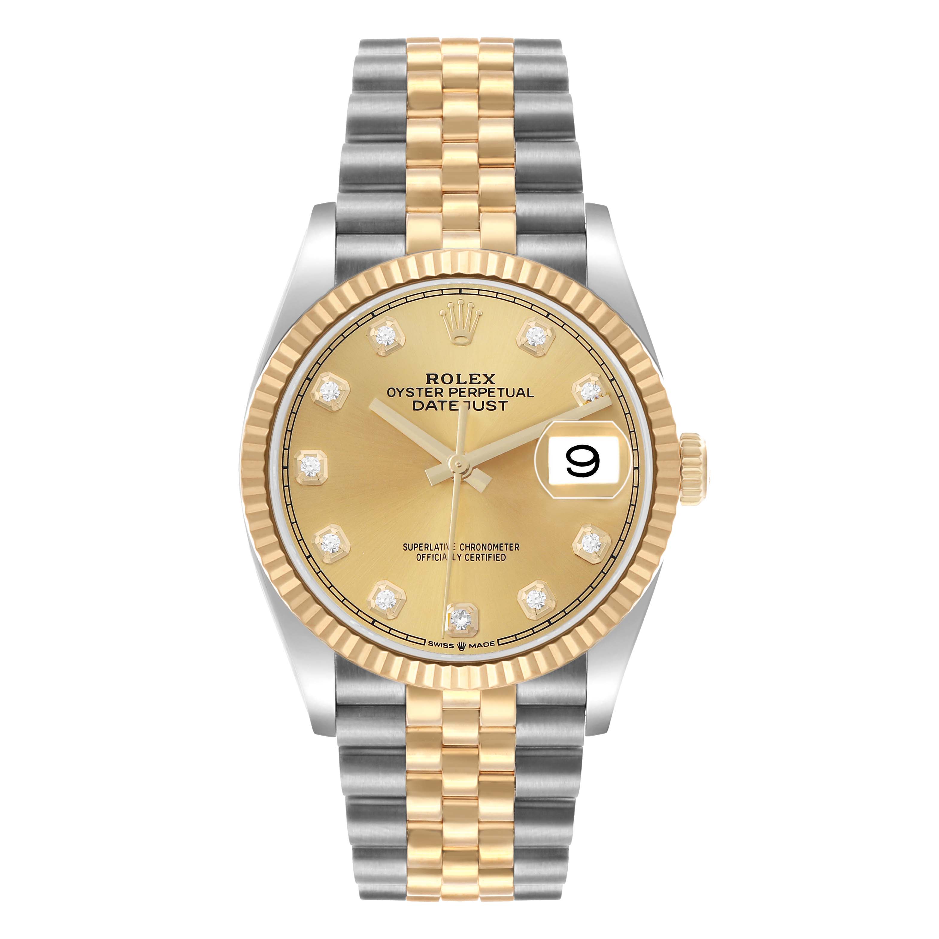 The Rolex Datejust 126233 Men's Steel and Gold (two tone) Champagne Dial is shown from a top-down angle, highlighting its gold dial, two-tone bracelet, and fluted bezel.